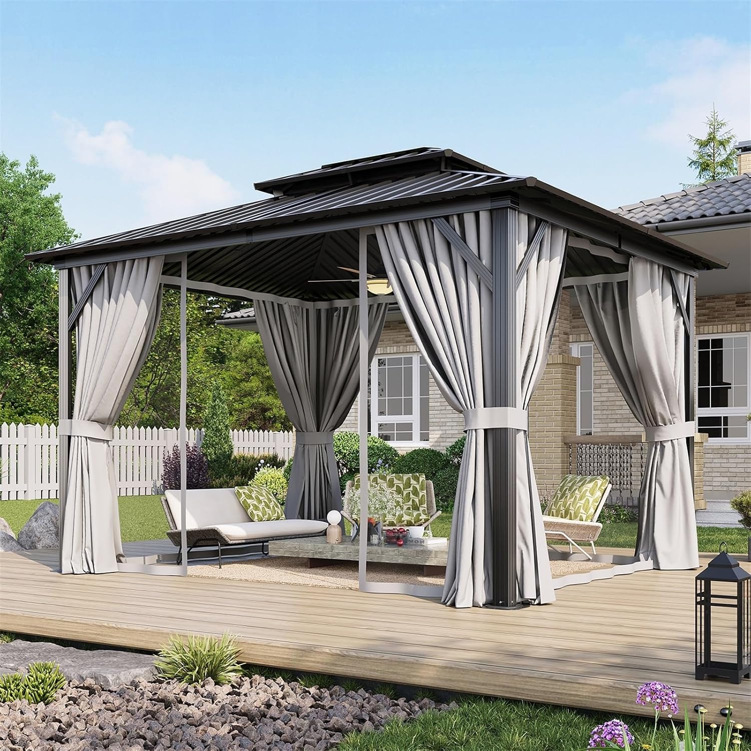 Aoxun 10'x12' Hardtop Gazebo, Permanent Metal Pavilion with Galvanized Steel Double Roof, Outdoor Pergola with Nettings and Curtains for Lawn, Garden, Patio (Gray)