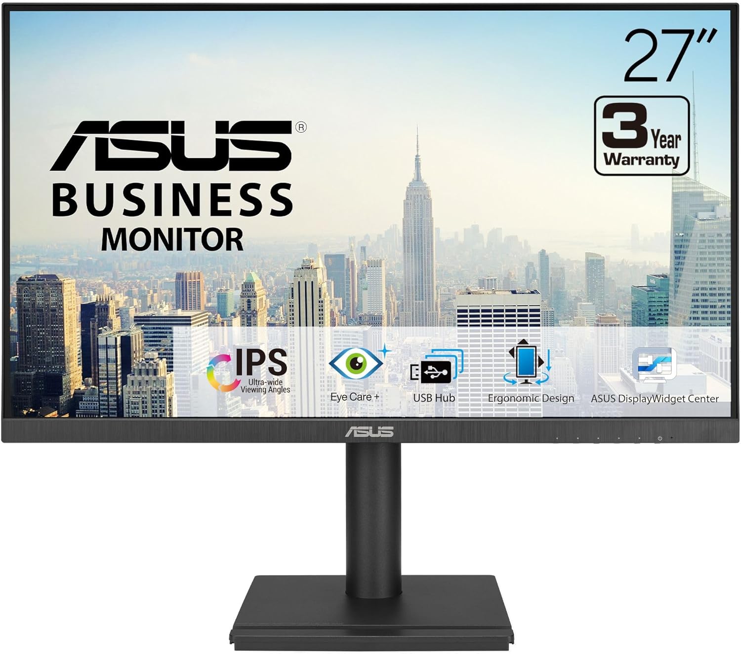 ASUS 27' 1080P Business Monitor (VA27DQFS) - IPS, 100Hz, 1ms, Adaptive-Sync, HDMI, DisplayPort, VGA, for Working and Gaming, Ergo Design, Blue Light Filter, Flicker Free, 3 yr Warranty TAA Compliant