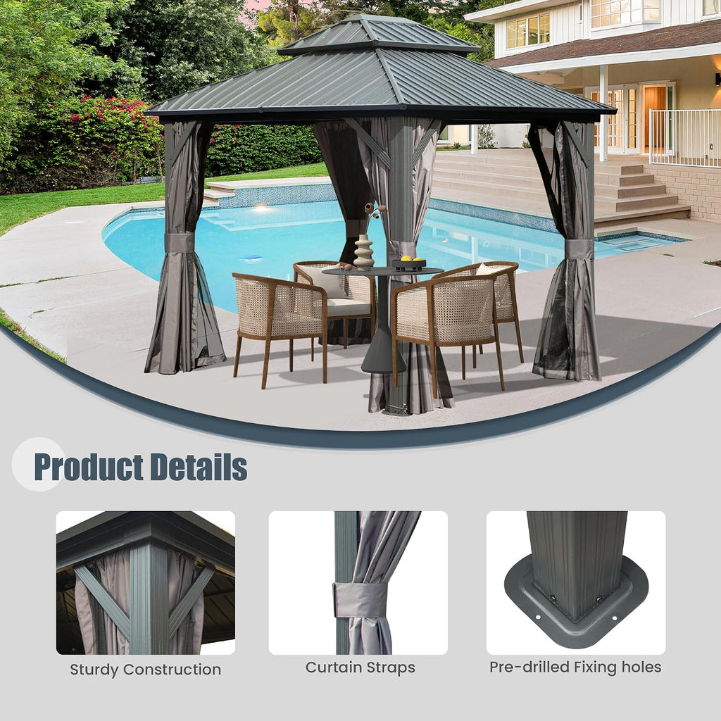 Domi 8' x 10' Hardtop Gazebo Permanent Metal Gazebo with Galvanized Steel Double Roof, Curtains and Netting for Party, Wedding, Outdoor Dining, Patio, Backyard, Grey
