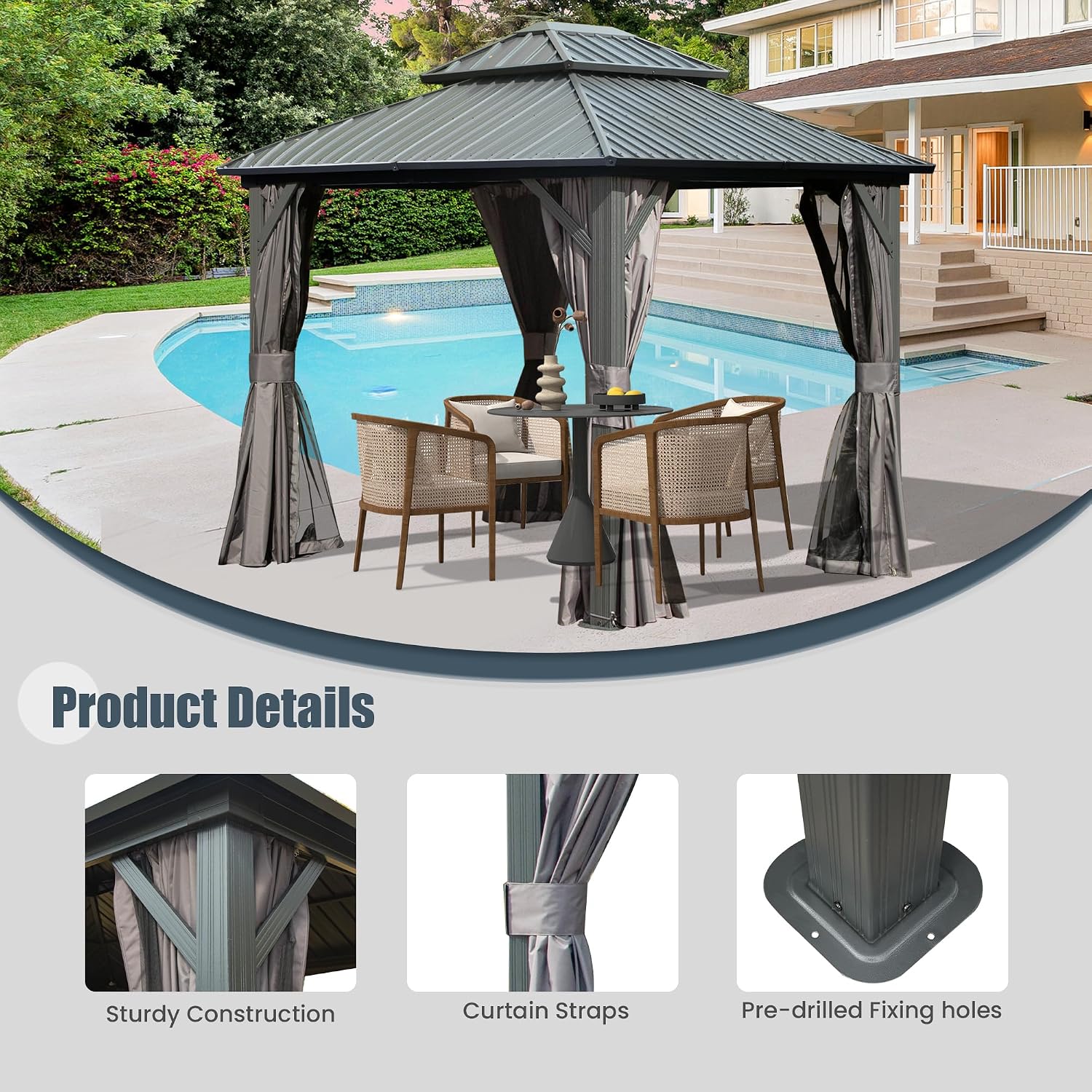 Domi 8' x 10' Hardtop Gazebo Permanent Metal Gazebo with Galvanized Steel Double Roof, Curtains and Netting for Party, Wedding, Outdoor Dining, Patio, Backyard, Grey
