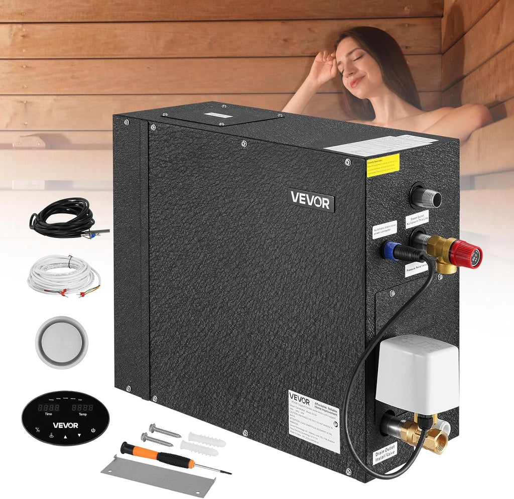 VEVOR Steam Generator, 6 kW Steam Shower System with Controller for Home Sauna & Spa, Commercial Auto Drain Kit with Overheat, Dry-Run & Overpressure Protection, 10min to 24h Timer, Black