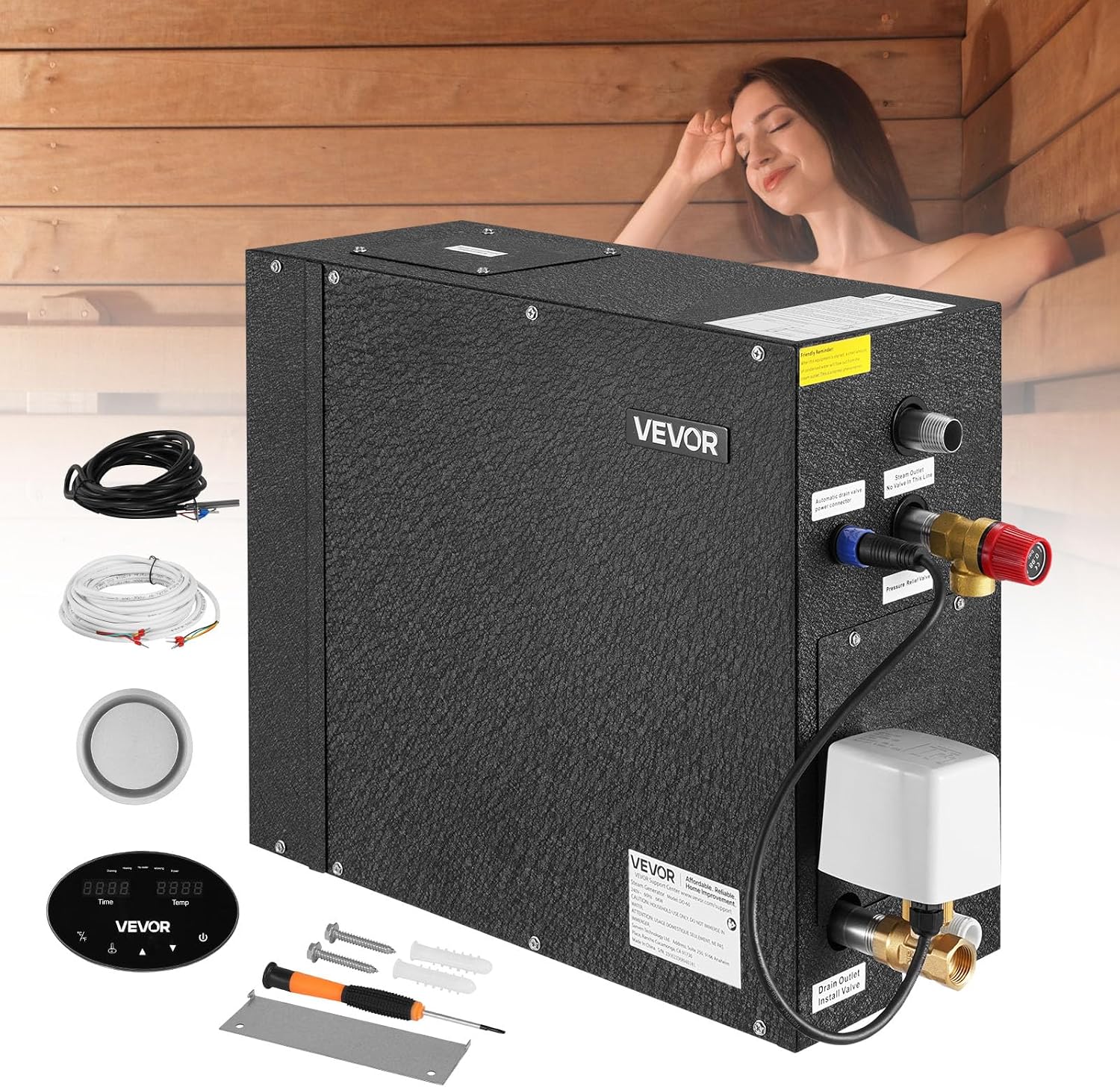 VEVOR Steam Generator, 6 kW Steam Shower System with Controller for Home Sauna & Spa, Commercial Auto Drain Kit with Overheat, Dry-Run & Overpressure Protection, 10min to 24h Timer, Black