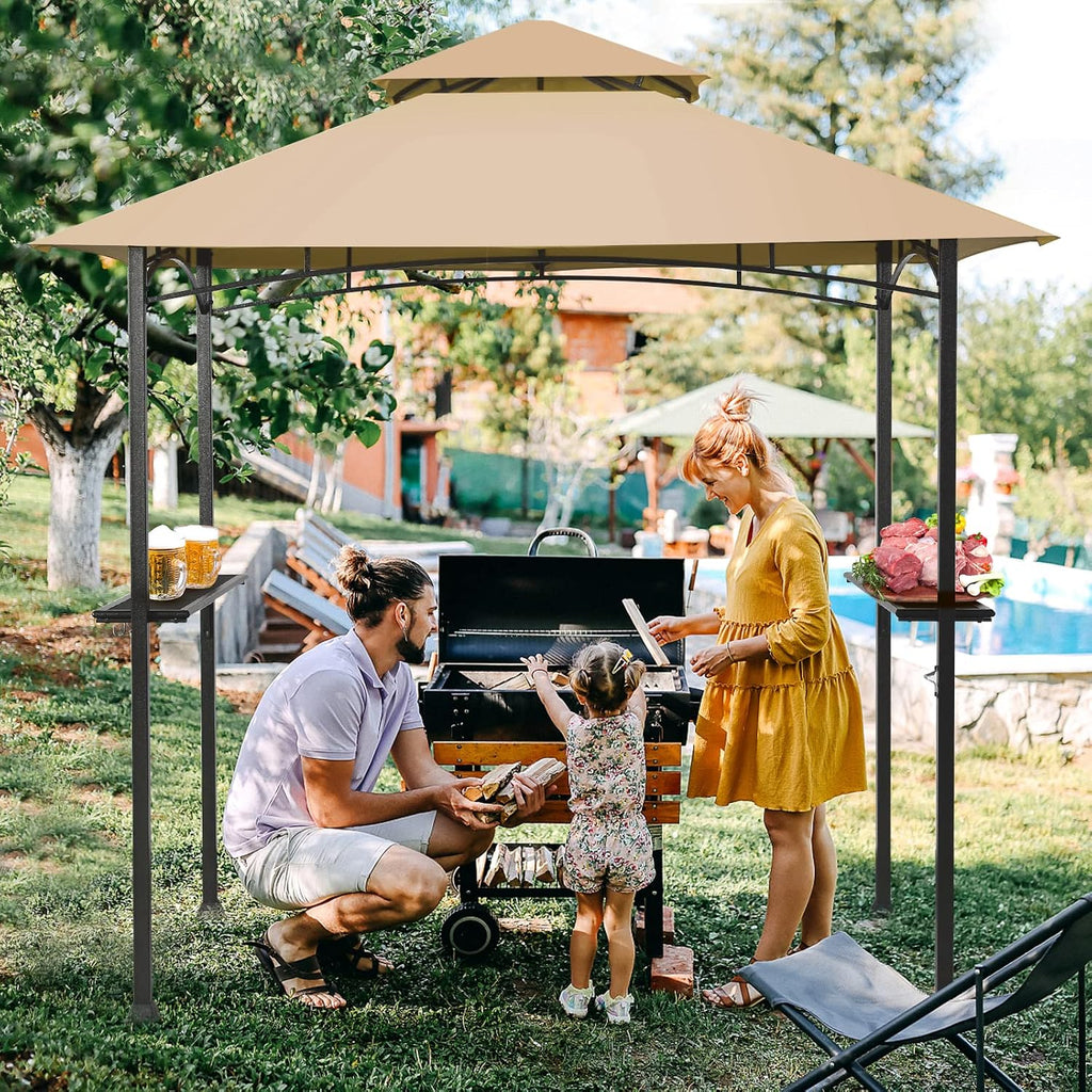 Giantex 8ft x 5ft Grill Gazebo Station with Canopy, Heavy Duty Steel Frame, 2 Side Shelves, 5 Hooks, 8 Ground Stakes, Outdoor Grill Shelter Barbecue Tent for Backyard Patio Camping (Beige)