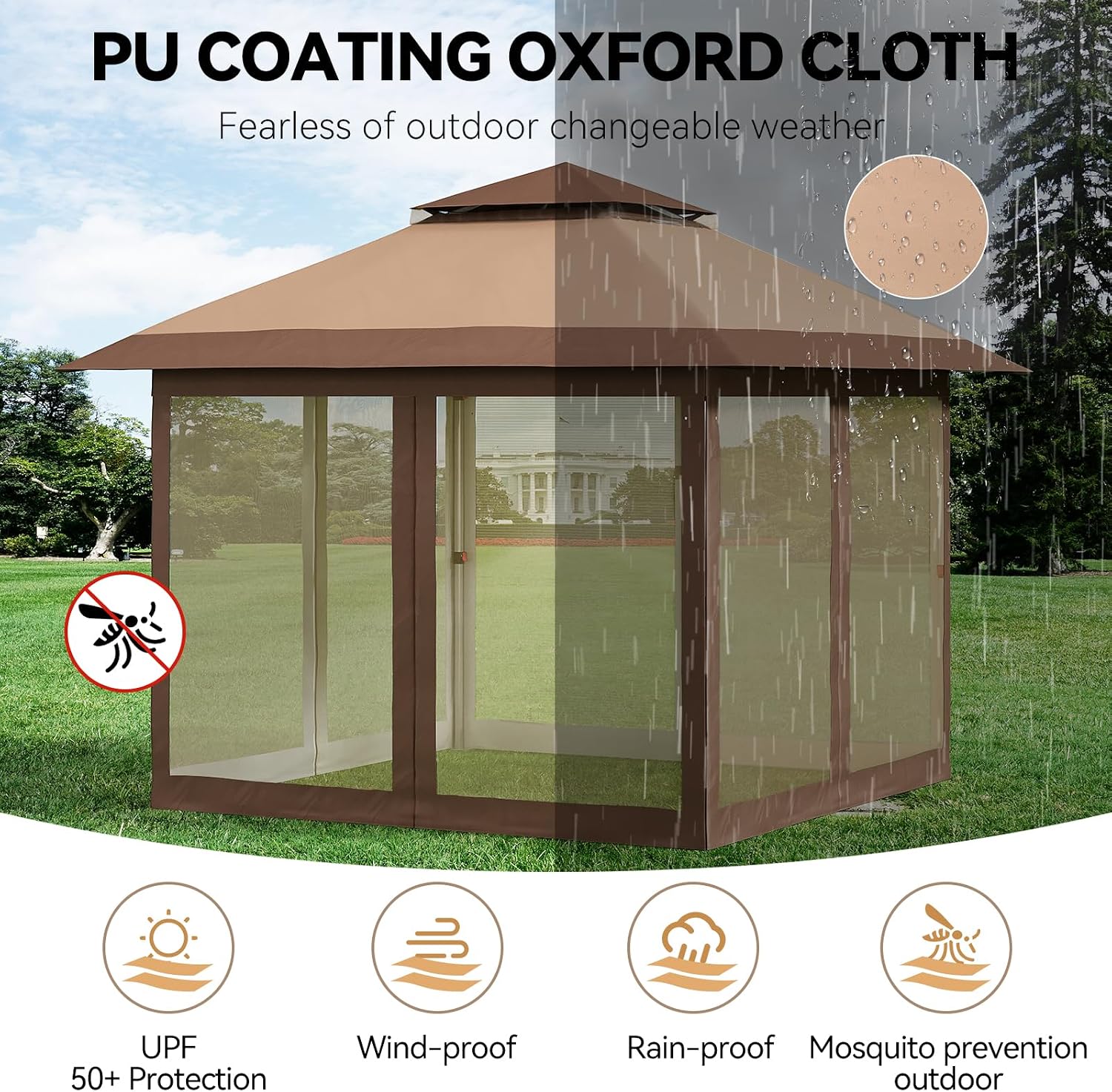 GarveeLife 12 ft x12 ft Gazebo Outdoor Pop up Canopy Tent with Curtains and 144 Square Shelter for Patio,Backyard Party, with Mosquito Netting, 2-Tiered Vented Top, Khaki