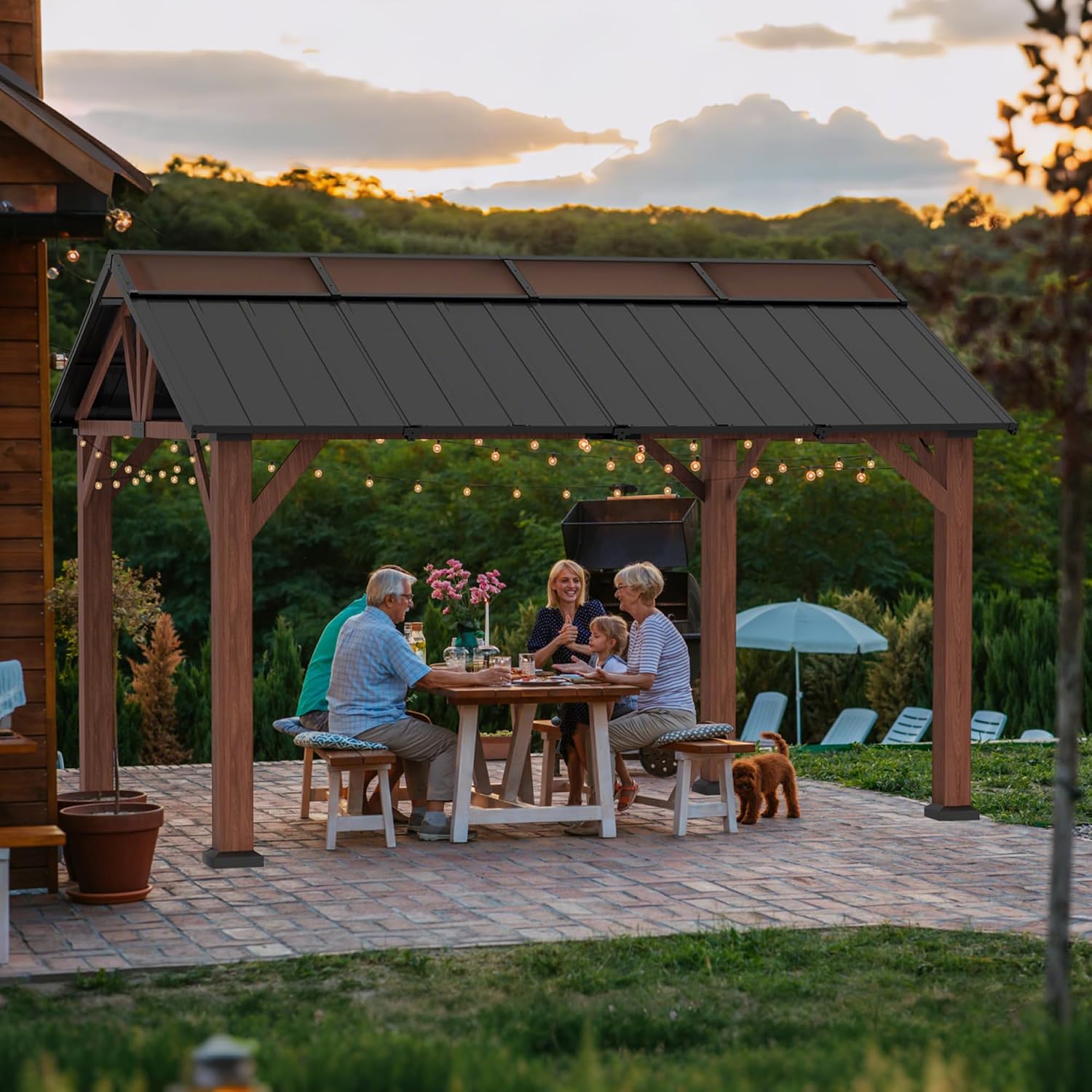 MACROUT 11'x13' Hardtop Gazebo with Gabel Roof Canopy and Aluminium Frame, Outdoor Grill Gazebo Pergola for Patio, Backyard and Party, 4944 (Gable Roof + Brown Frame, 11'x13')