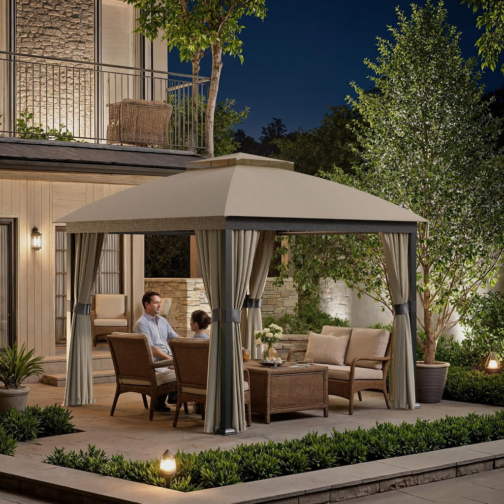 Patio Gazebo 10x10, Outdoor Gazebos, Heavy Duty Gazebo Soft Top Gazebos, Double Roofs Anti-UV Shelter Gaze bo for Patio Deck Backyard Garden Lawns