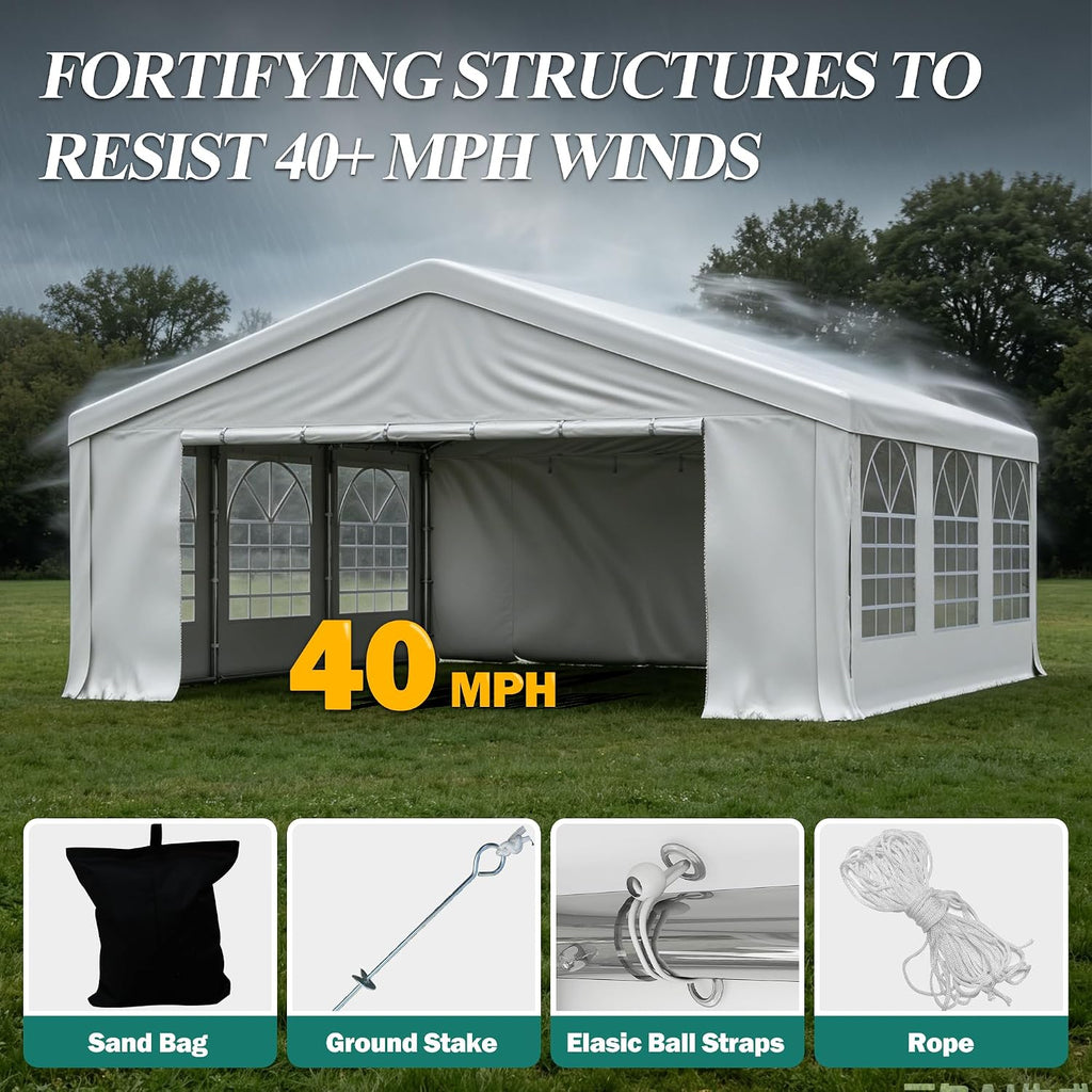 GARTOO 20' x 20' Canopy Party Tent & Carport - Heavy Duty Outdoor Wedding Gazebo with 4 Sand Bags, Event Shelter Canopy for Outdoor Event, Wedding, Birthday Party