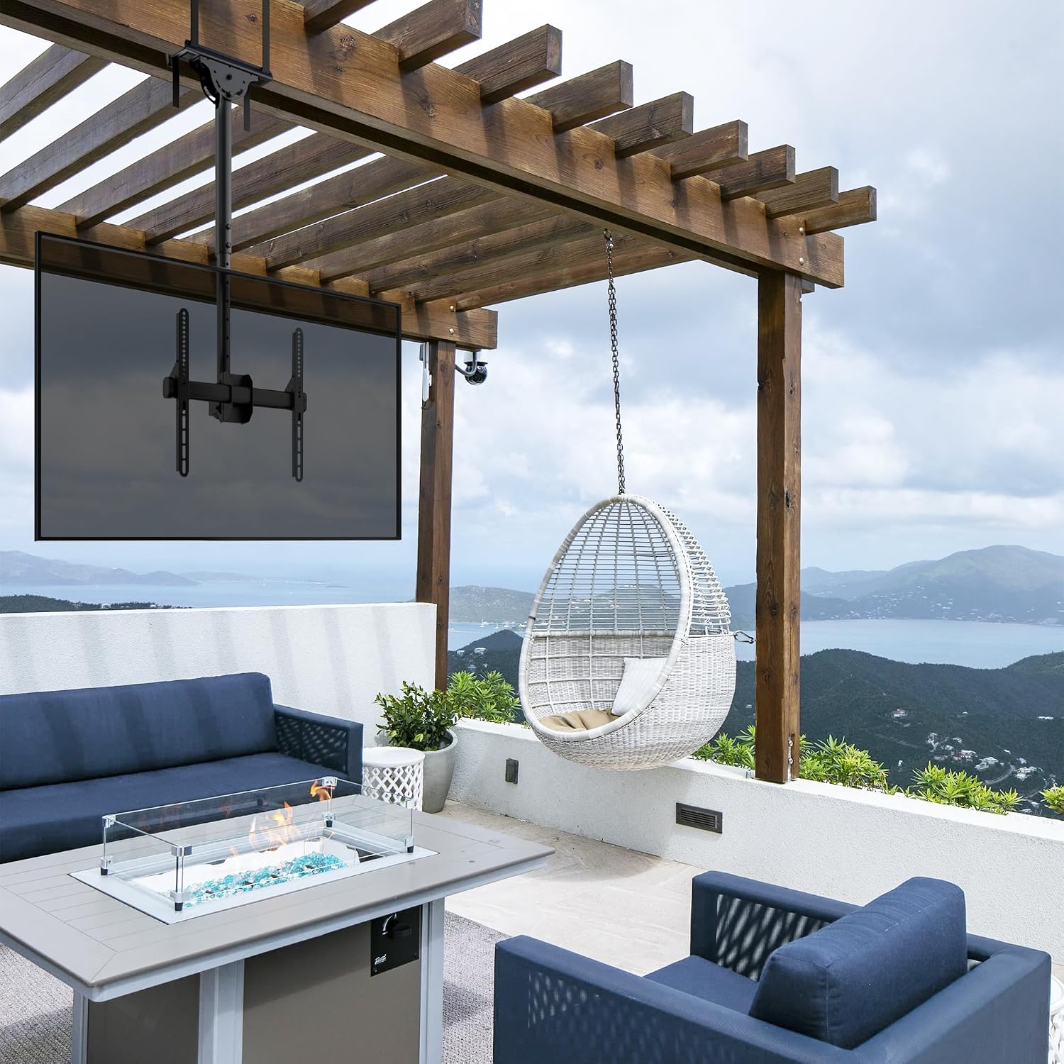 ZeboZap ZZTVC2144 Full Motion Outdoor Ceiling TV Mount Height Adjustable Hanging Mount for Patio Gazebo or Pergola Fits 32 to 55 Inch TVs with Tilt Swivel Flip Down Holds Up to 110 Pounds