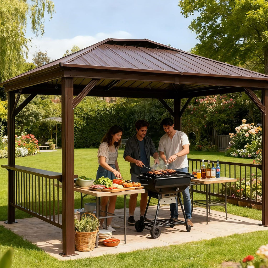 Hardtop Grill Gazebo, 2 Side Shelves & Ceiling Hooks, Permanent Outdoor BBQ Canopy with Galvanized Steel Roof, Metal All-Steel Frame for Patio, Backyard, Deck, Lawn, (Brown, 6.5x12FT Sloping Roof)