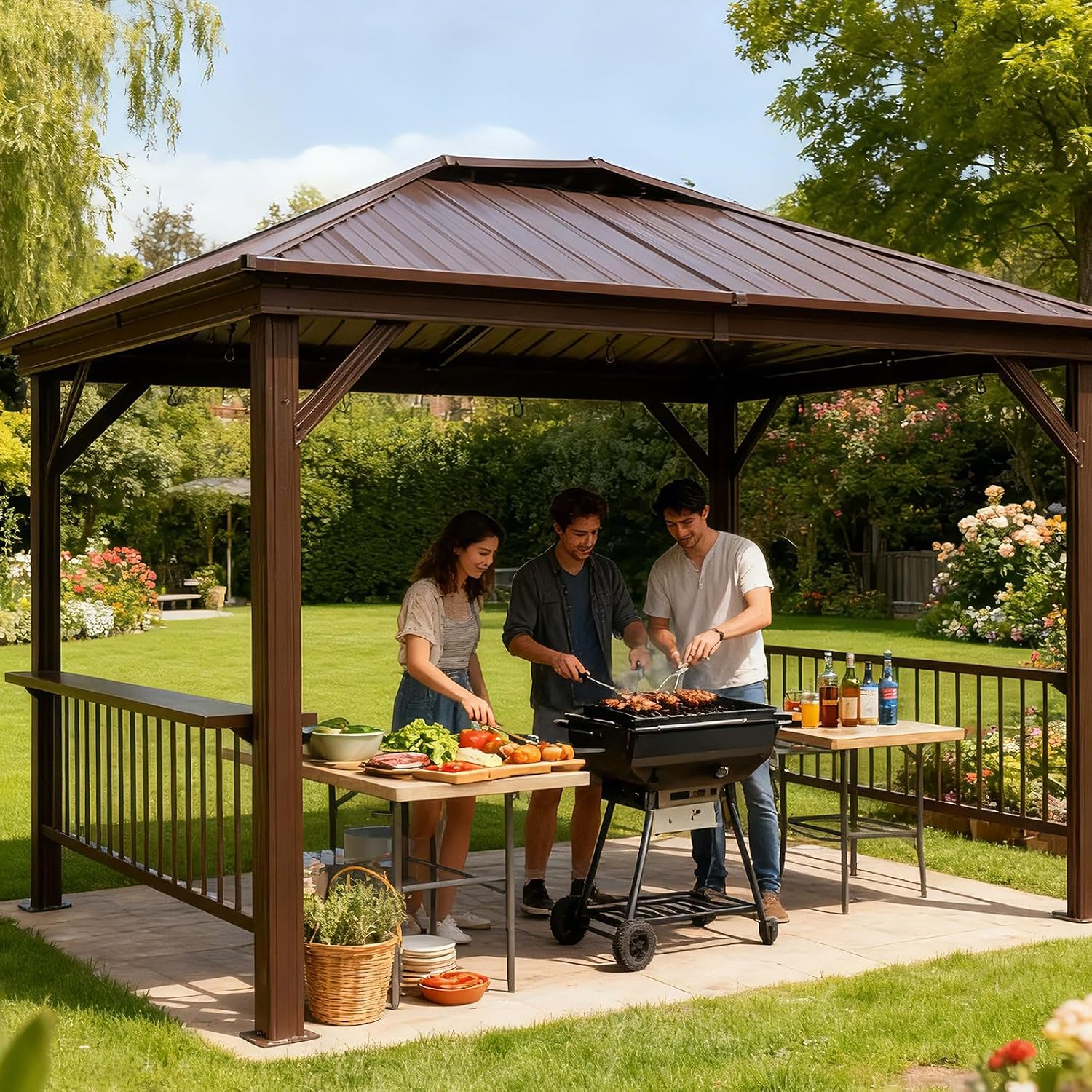 Hardtop Grill Gazebo, 2 Side Shelves & Ceiling Hooks, Permanent Outdoor BBQ Canopy with Galvanized Steel Roof, Metal All-Steel Frame for Patio, Backyard, Deck, Lawn, (Brown, 6.5x12FT Sloping Roof)