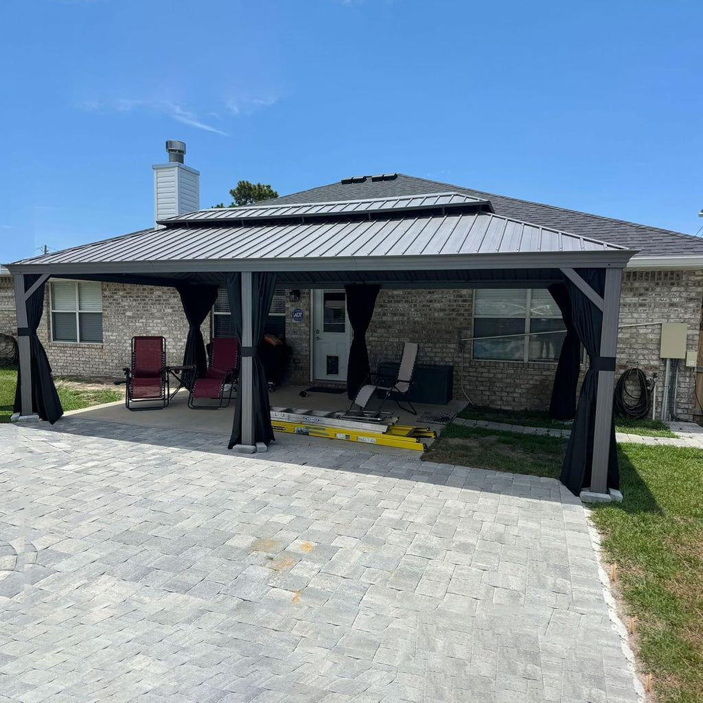 PURPLE LEAF 12' x 24' Outdoor Hardtop Gazebo with Netting and Curtains Galvanized Steel Double Roof and Aluminum Frames Permanent Wind Resistance Pavilion Gazebo for Patio Deck Garden, Light Grey