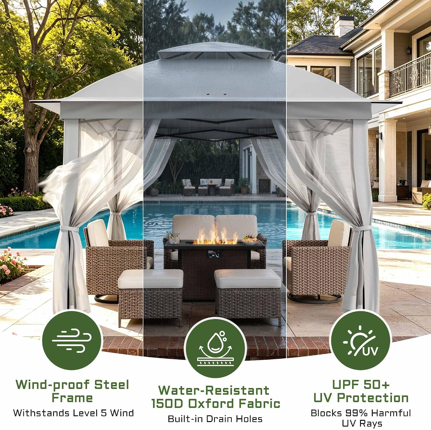 11'X11' Gazebo Pop Up with 4 Sidewalls Mosquito Netting, Heavy Duty Patio Gazebo Canopy Tent with Double Air Roofs for Backyards, Patios, Decks, Gardens, Parks