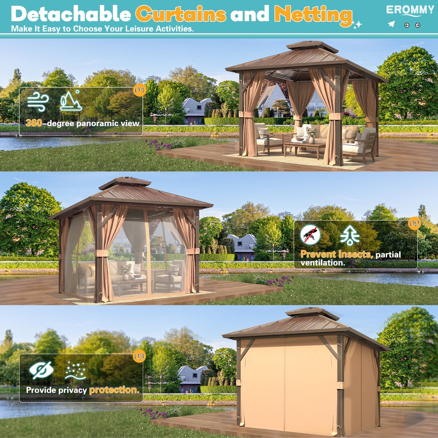 EROMMY 10' x 10' Hardtop Gazebo, Aluminum Frame Gazebos with Galvanized Steel Double Roof, Permanent Outdoor Metal Pavilion with Curtain and Netting for Patio, Lawn, Deck