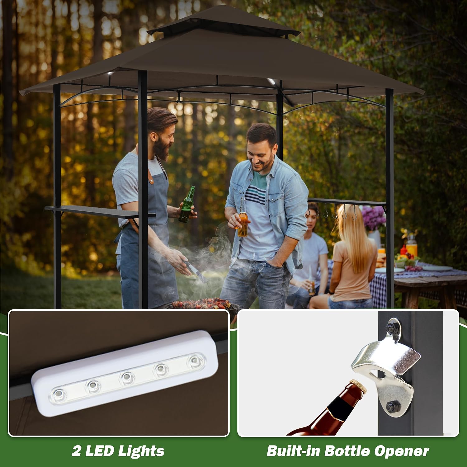 GARTOO 8'x5' Outdoor Grill Gazebo - Double Roof BBQ Gazebo Canopy with 2 Side Shelves and LED Lights, Patio BBQ Pergola Shelter for Garden, Porch and Backyard (Brown)