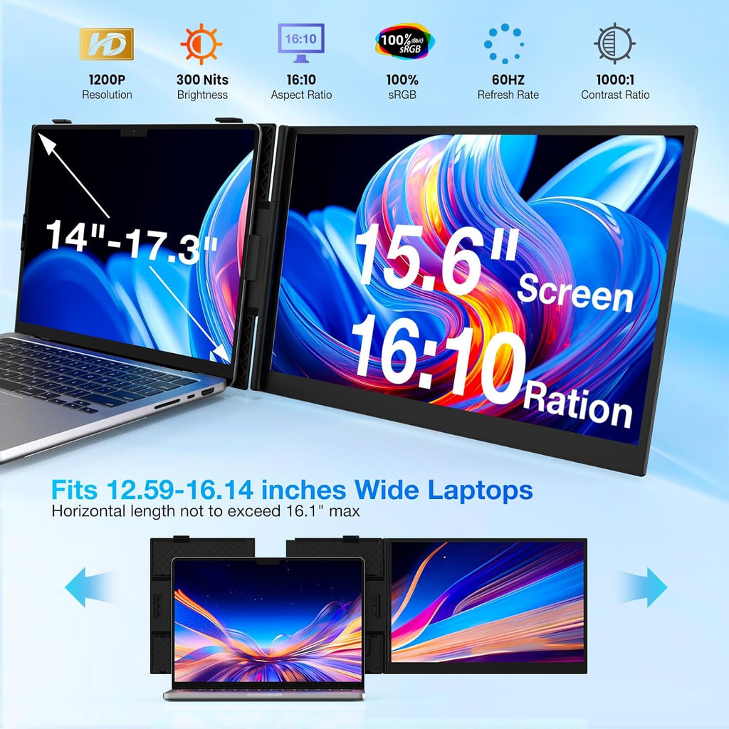 Laptop Screen Extender, Ultra-Thin 15.6' FHD 1200P 16:10 Portable Monitor for Laptop, Lightweight Dual Monitor Extender Plug & Play for 14.2'-17.3' Laptops, Compatible with Wins/Mac/Chrome/Linux