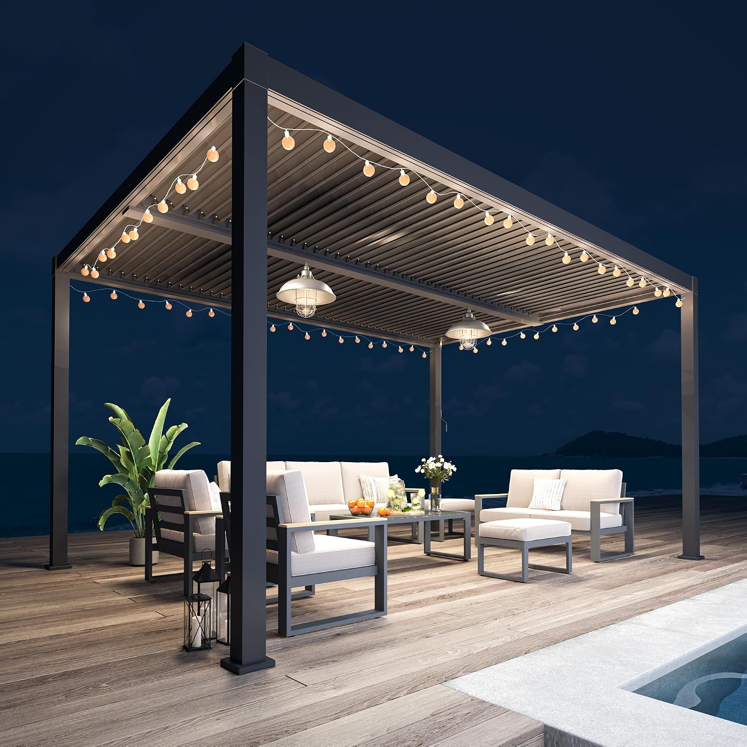 Louvered Pergola 12'x16', Metal Patio Outdoor Pergola with Adjustable Rainproof Roof for Outdoor Deck Garden & Yard, Metal Hardtop Gazebo for Grill, Black