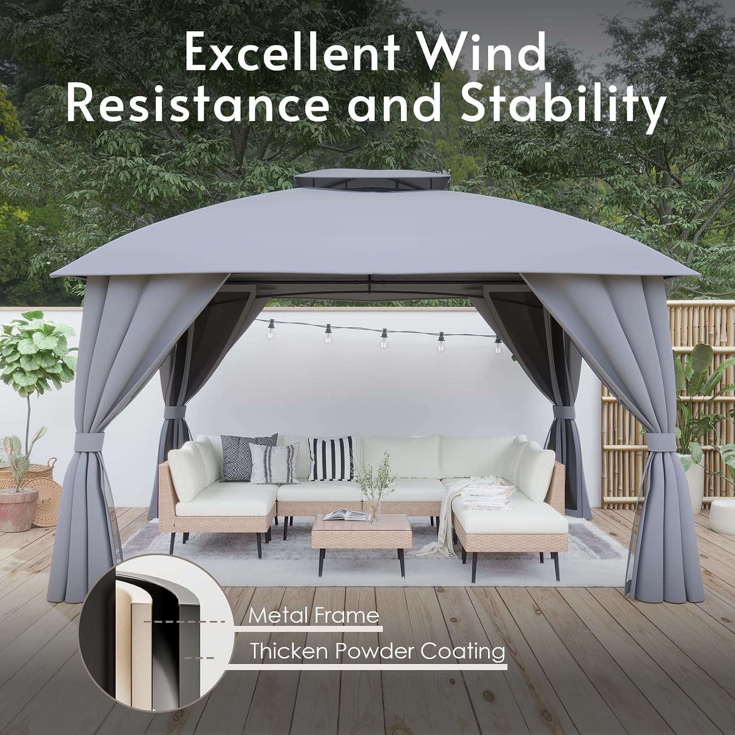 Outdoor Gazebo 10x12 with Double Roof, Patio Gazebo with Netting & Curtain Included. Trapezoidal Support System for Enhanced Stability, Perfect for Patio, Deck, Backyard