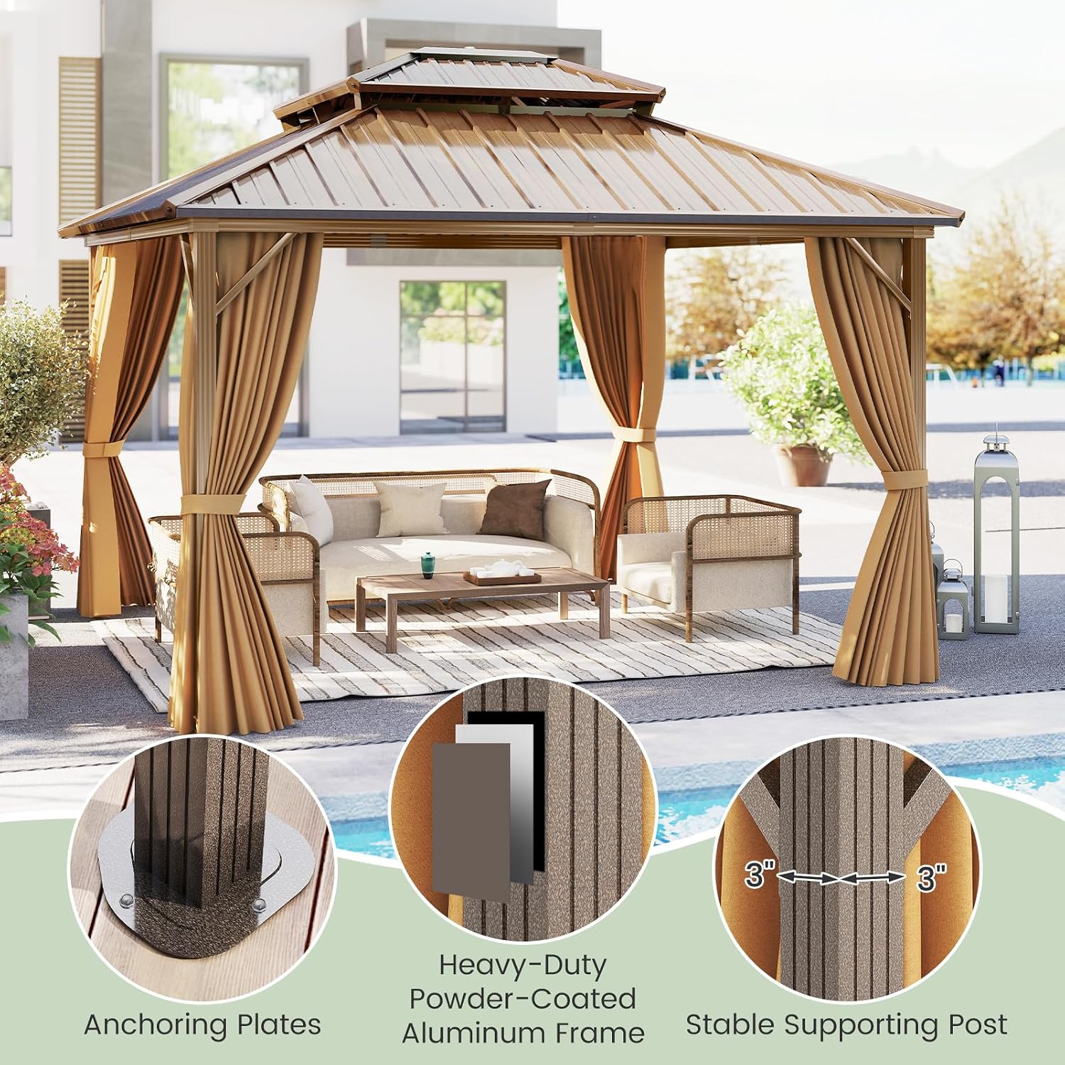 Tangkula 12x12 FT Hardtop Gazebo, Outdoor Permanent Pavilion Shelter with Netting & Curtain, Heavy-Duty Double Galvanized Metal Roof, Aluminum Frame, Outdoor Gazebo for Patio Garden Deck Lawn