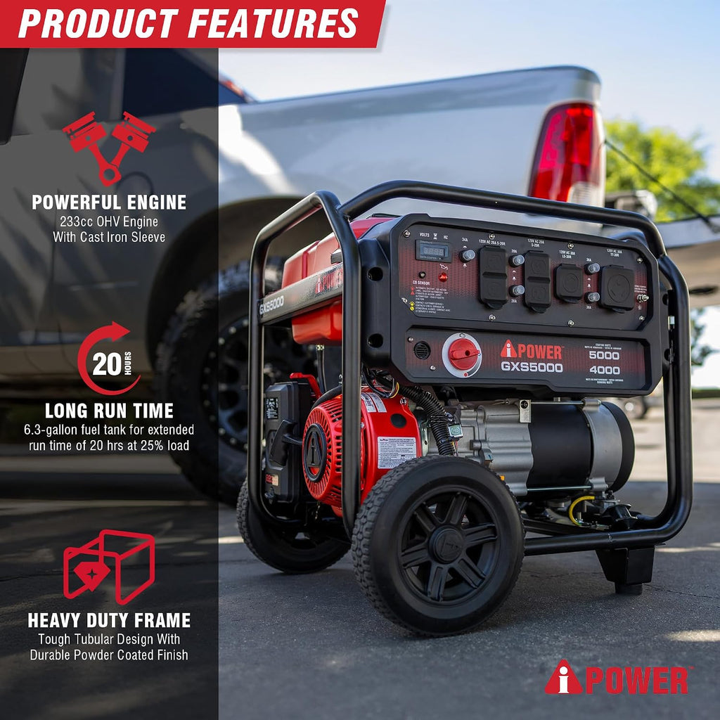 A-iPower 5000-Watt Portable Generator Gas Powered, CO Sensor Shutdown, Heavy Duty Generators with 223cc OHV Engine For Jobsite, RV, Home Backup, Emergency (GXS5000)
