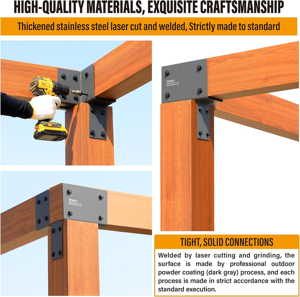2 Pack 4x6 (Actual 3.5'x5.5') Heavy Duty Stainless Steel Pergola Brackets - Corner Post to Beam Connector for Gazebos, Patio Decks, Porches - Wood Post Cap Tie Bracket (Dark Gray)