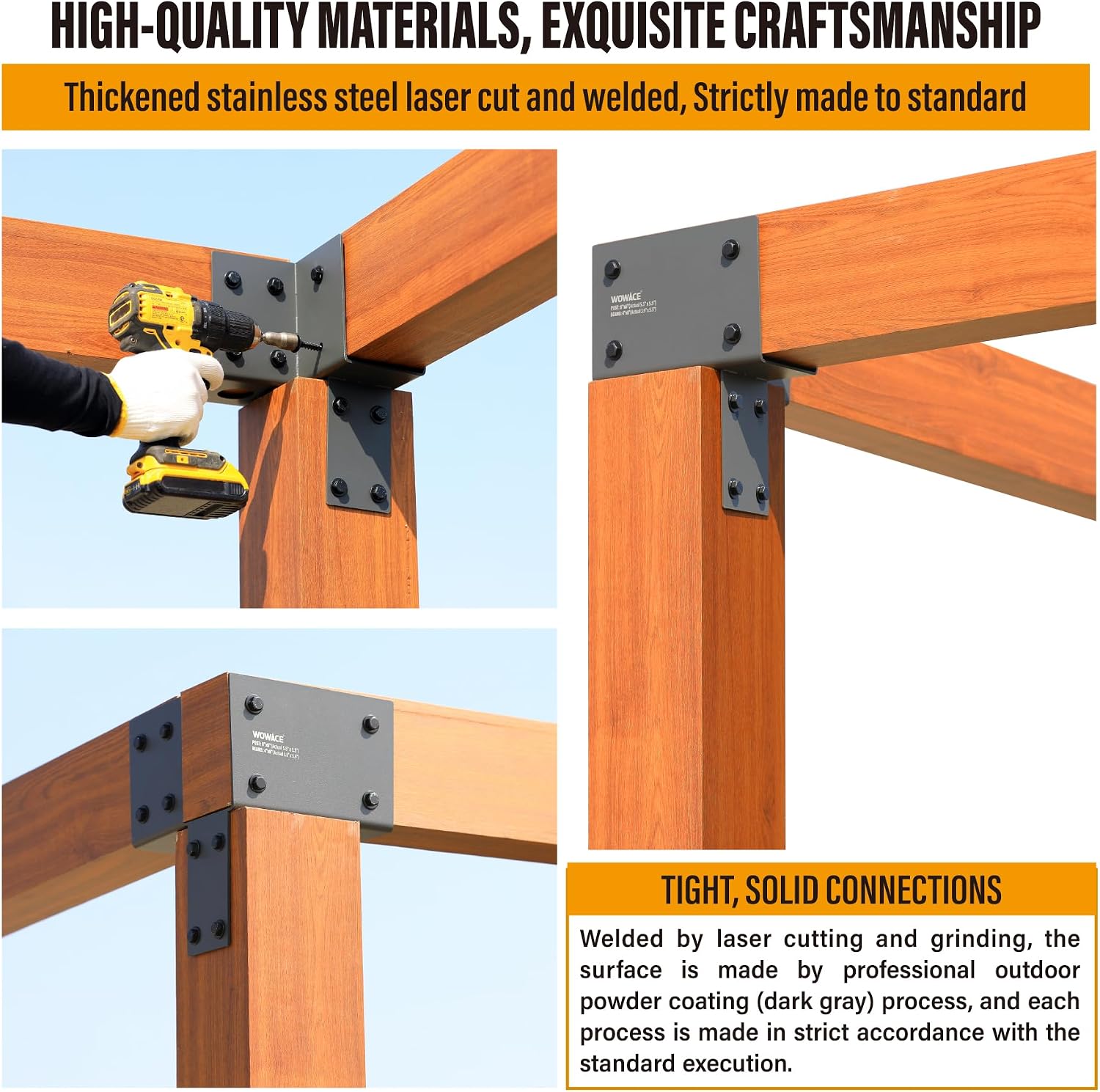 2 Pack 4x6 (Actual 3.5'x5.5') Heavy Duty Stainless Steel Pergola Brackets - Corner Post to Beam Connector for Gazebos, Patio Decks, Porches - Wood Post Cap Tie Bracket (Dark Gray)