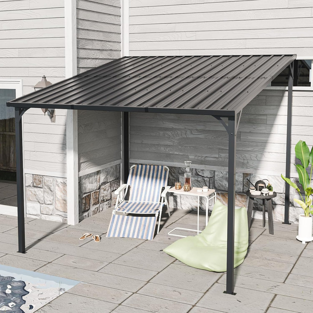 Patio Lean to Gazebo with Galvanized Steel Roof, 10x10 FT Outdoor Metal Wall-Mounted Pergola for Garden, Lawn, Poolside, Backyard Deck