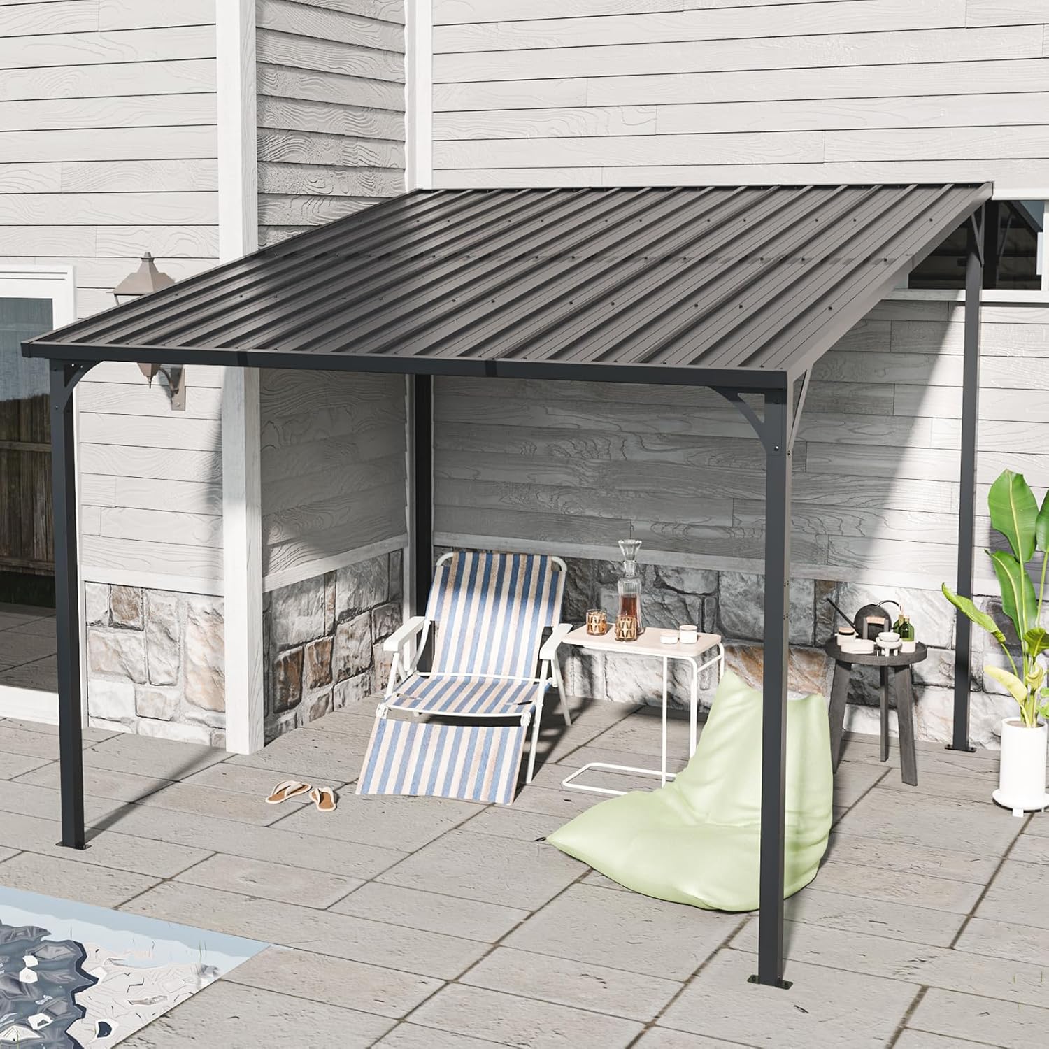 Patio Lean to Gazebo with Galvanized Steel Roof, 10x10 FT Outdoor Metal Wall-Mounted Pergola for Garden, Lawn, Poolside, Backyard Deck