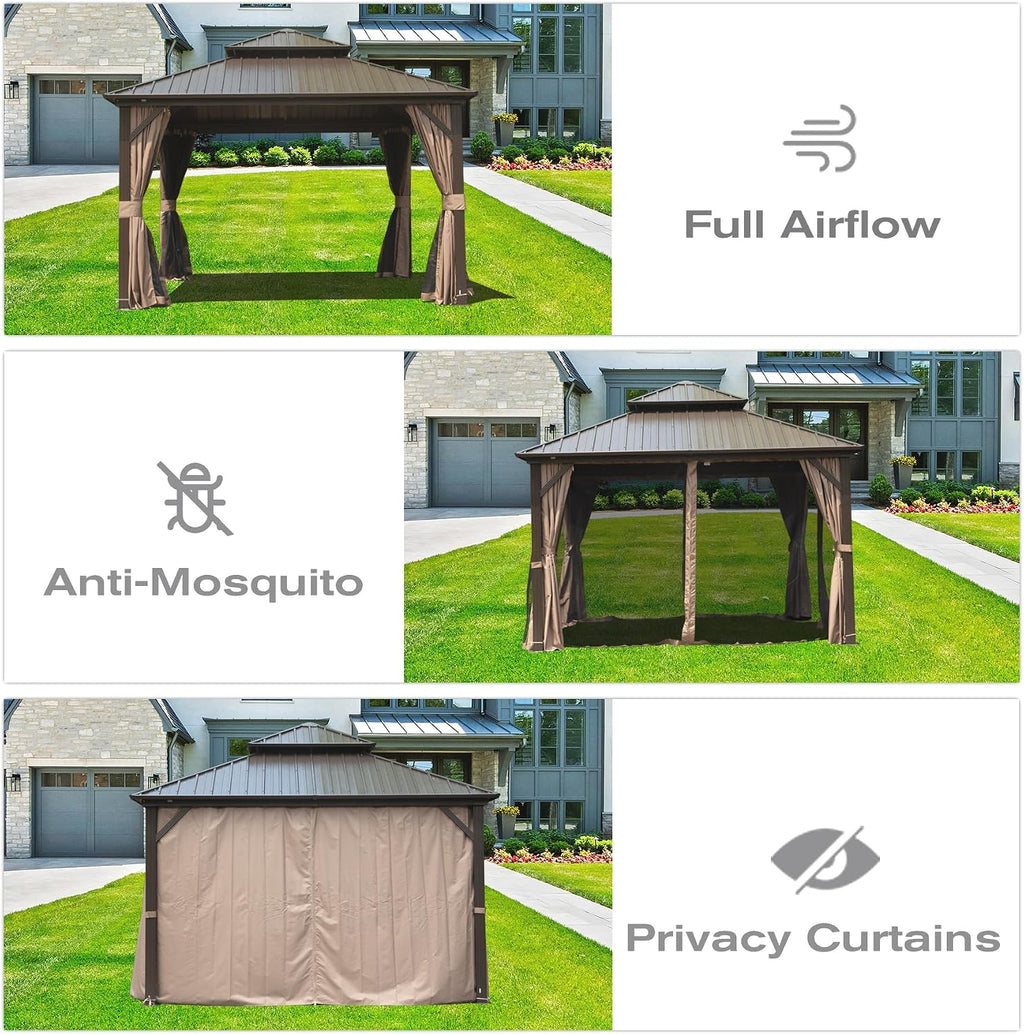 Domi 12' x 12' Hardtop Gazebo, Outdoor Metal Gazebo for Patios with Galvanized Steel Double Roof, Heavy Duty Curtains and Netting Included, Permanent Pergola for Backyard, Garden Lawn, Brown