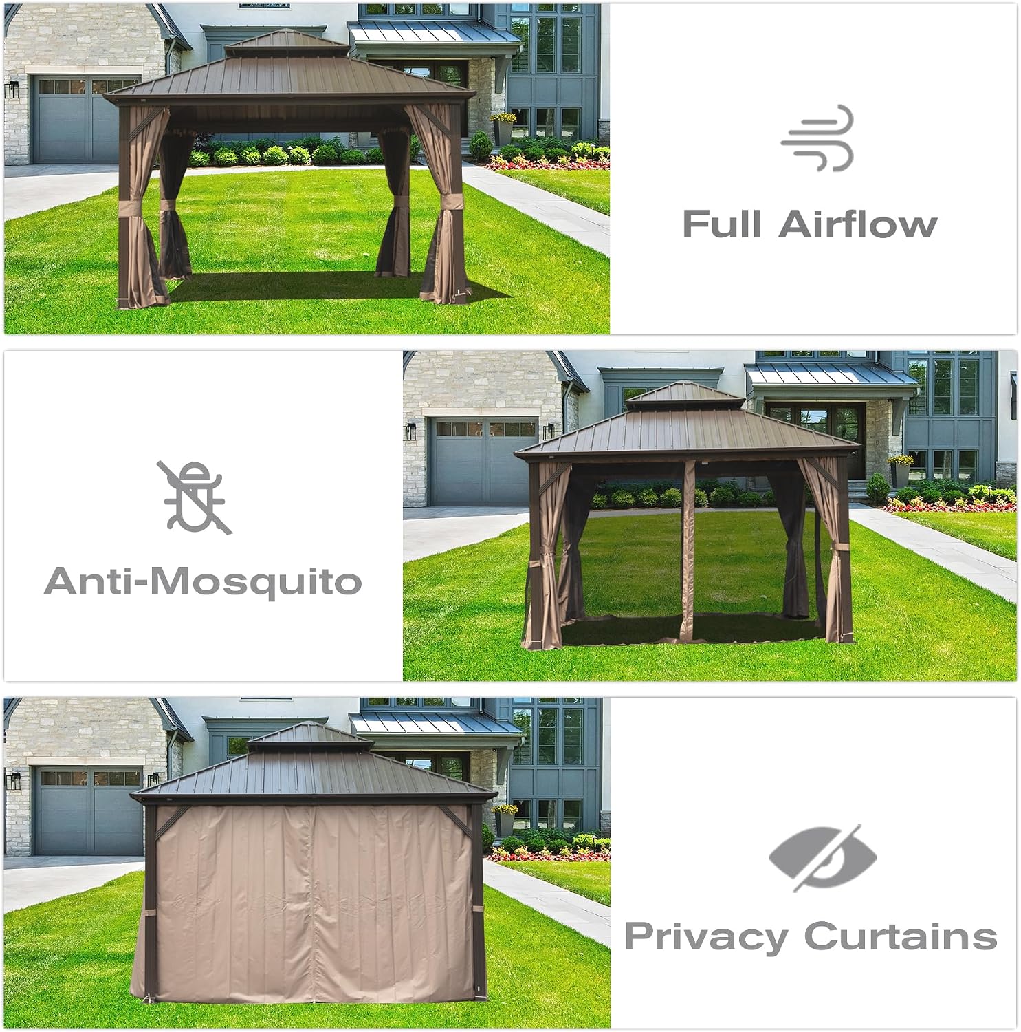 Domi 12' x 12' Hardtop Gazebo, Outdoor Metal Gazebo for Patios with Galvanized Steel Double Roof, Heavy Duty Curtains and Netting Included, Permanent Pergola for Backyard, Garden Lawn, Brown