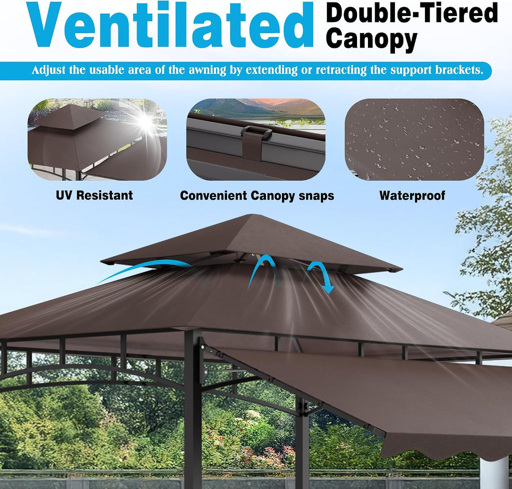 TITIMO 8'x 8' x 7.8' Double Tiered Grill Gazebo with Side Awning,Outdoor Patio BBQ Pergola, Heavy-Duty Metal Frame Canopy Tent with Side Shelves,Hooks,Bottle Opener for Lawn Deck and Garden (Brown)