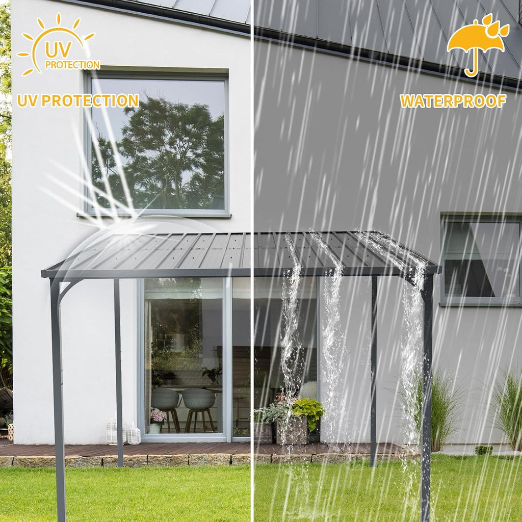Patio Lean to Gazebo with Galvanized Steel Roof, 8x10 FT Outdoor Metal Wall-Mounted Pergola for Garden, Lawn, Poolside, Backyard Deck