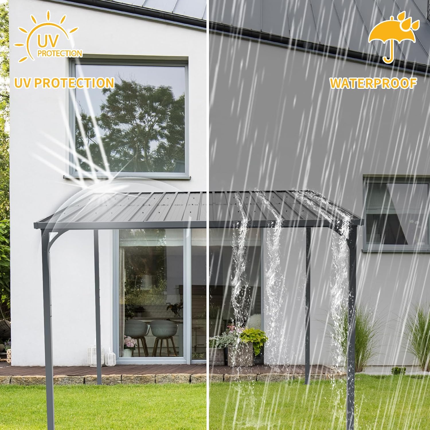 Patio Lean to Gazebo with Galvanized Steel Roof, 8x10 FT Outdoor Metal Wall-Mounted Pergola for Garden, Lawn, Poolside, Backyard Deck