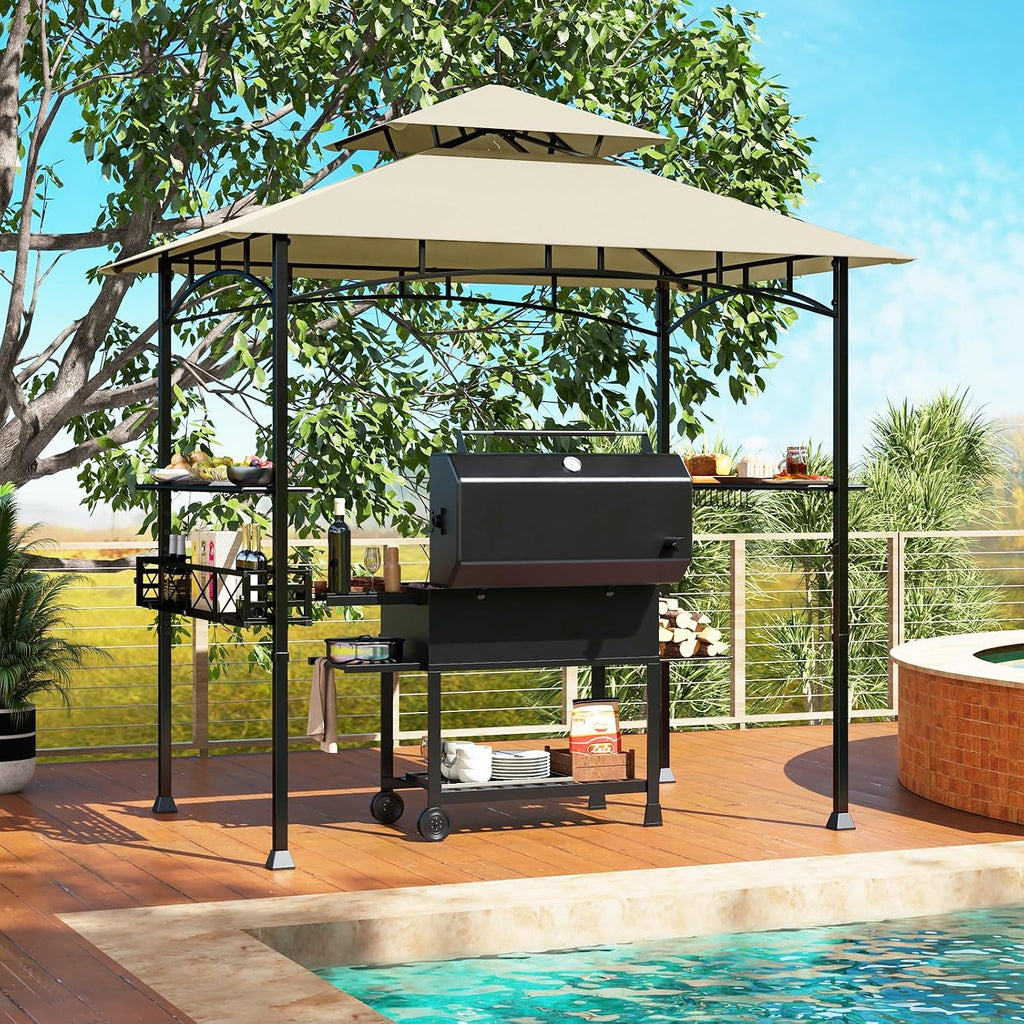 HAPPYGRILL 8 x 5 FT BBQ Grill Gazebo with 2 Side Shelves, Storage Basket, Hanging Hooks, Bottle Opener, Double-Tiered Top, Metal Frame, Outdoor Barbecue Canopy, Grilling Shelter for Patio Garden Yard