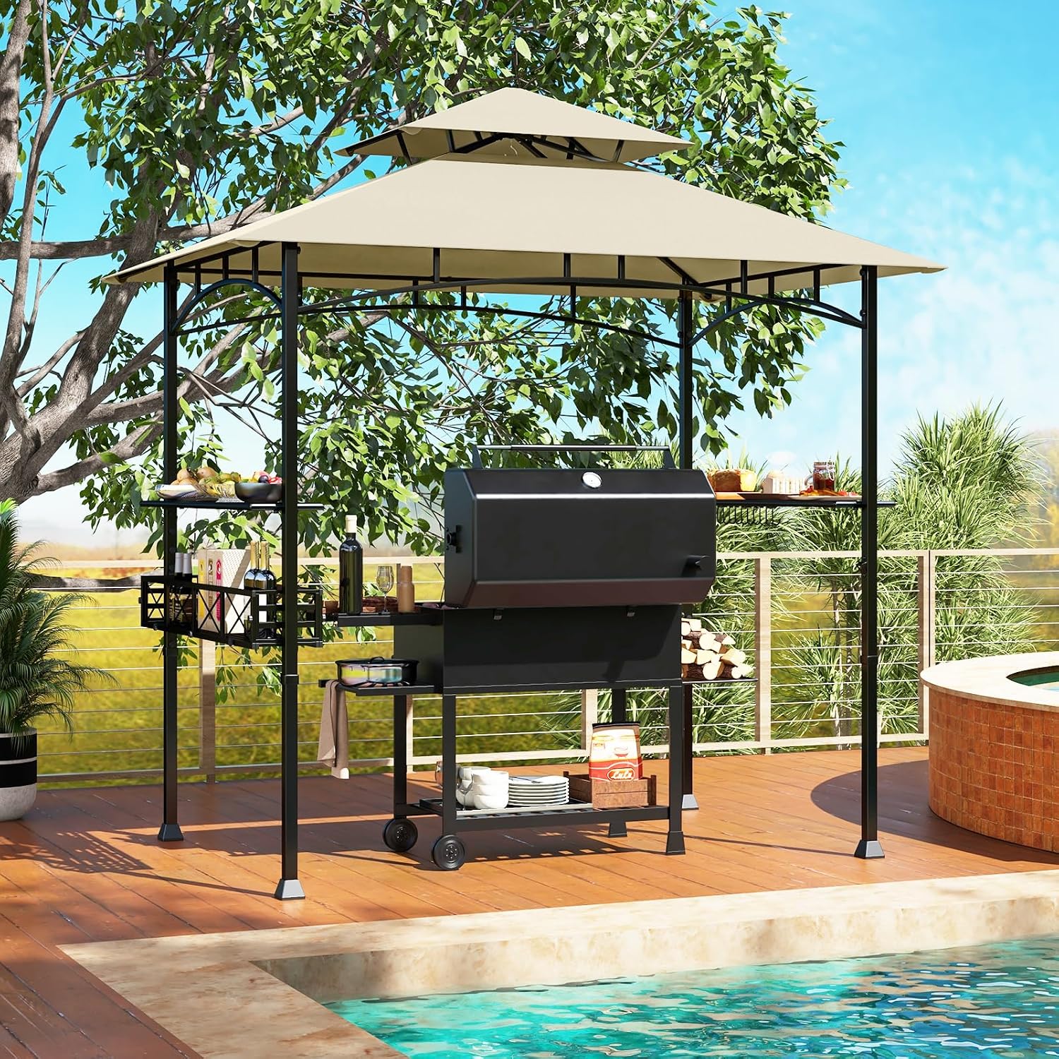 HAPPYGRILL 8 x 5 FT BBQ Grill Gazebo with 2 Side Shelves, Storage Basket, Hanging Hooks, Bottle Opener, Double-Tiered Top, Metal Frame, Outdoor Barbecue Canopy, Grilling Shelter for Patio Garden Yard