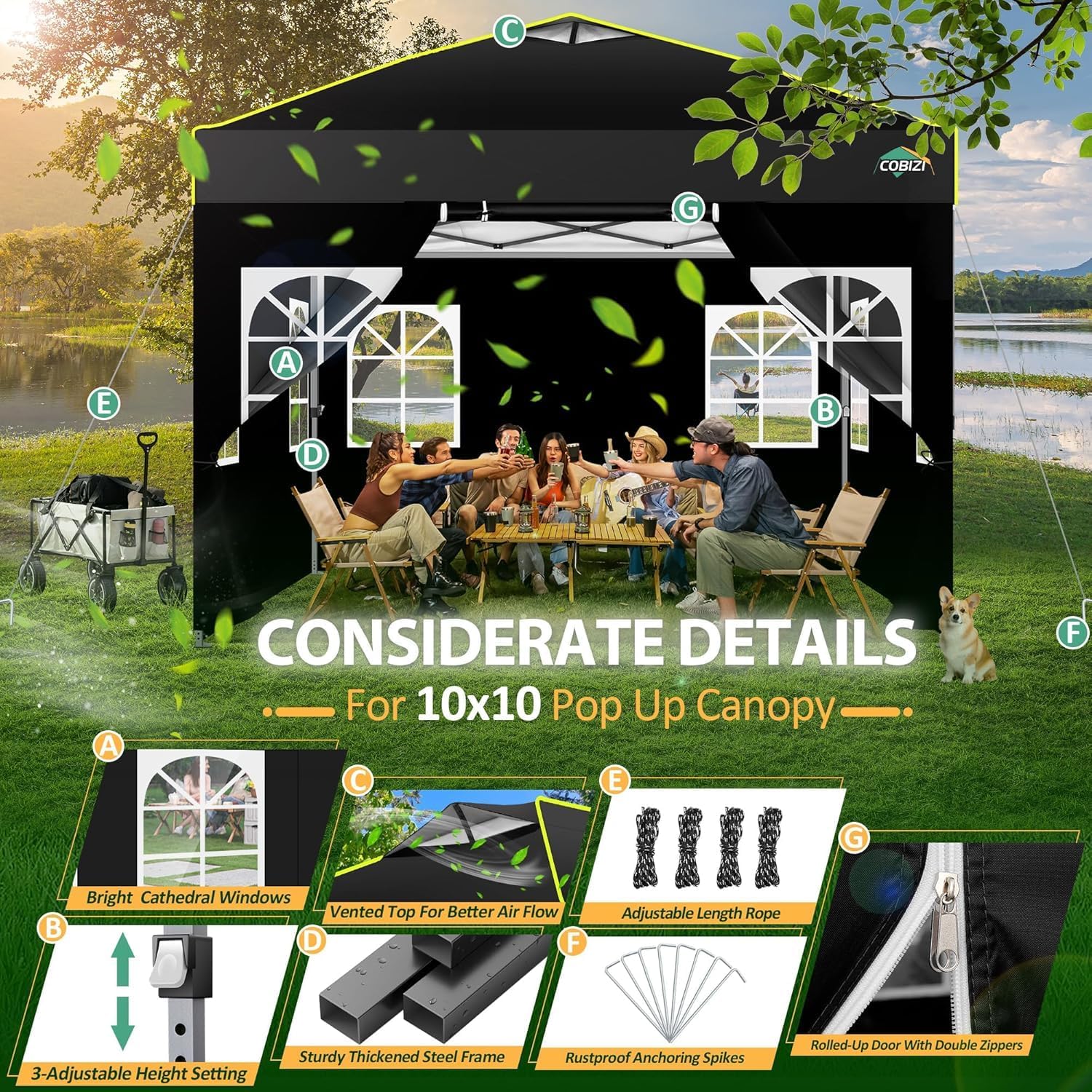 COBIZI 10x10 Pop up Canopy Tent with Sidewalls,One Push Setup Tent for Parties, Waterproof & UV 50+ Outdoor Commercial Gazebo with Air Vent, Reflective Strip,4 Sandbags for Garden, Beach,Black