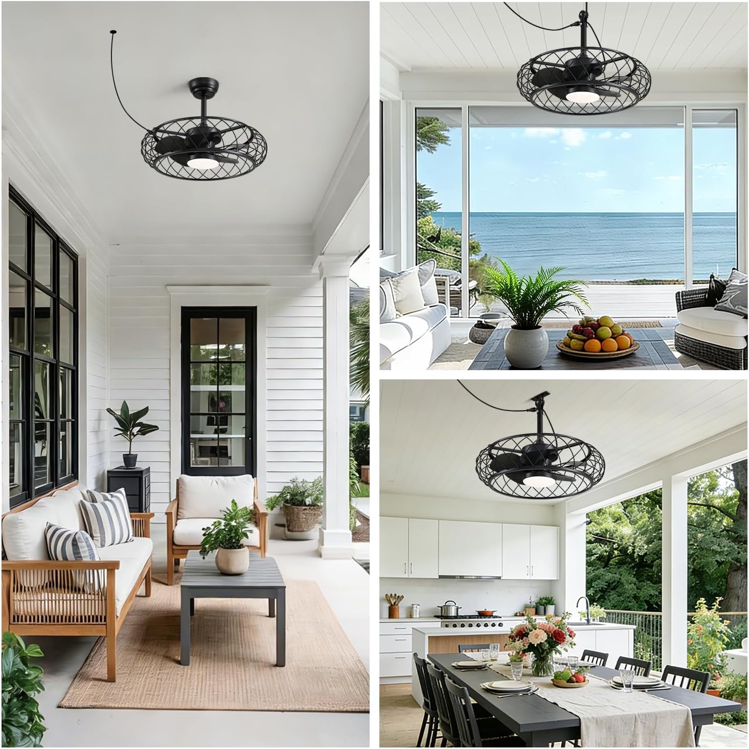24' Outdoor Ceiling Fan with Light Hanging Plug in Caged Gazebo Fan Remote APP Control 3CCT Dimmable, Quiet Reversible DC Motor Waterproof for Patio Pergola Porch Canopy Black