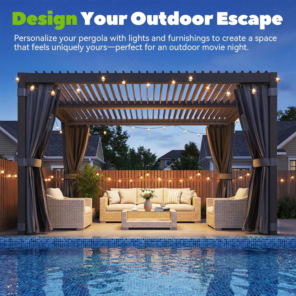 MELLCOM Louvered Pergola 10x12, Steel Aluminum Pergola with Adjustable Louvered Roofs, Outdoor Gazebo with Waterproof Curtains and Nets, Black