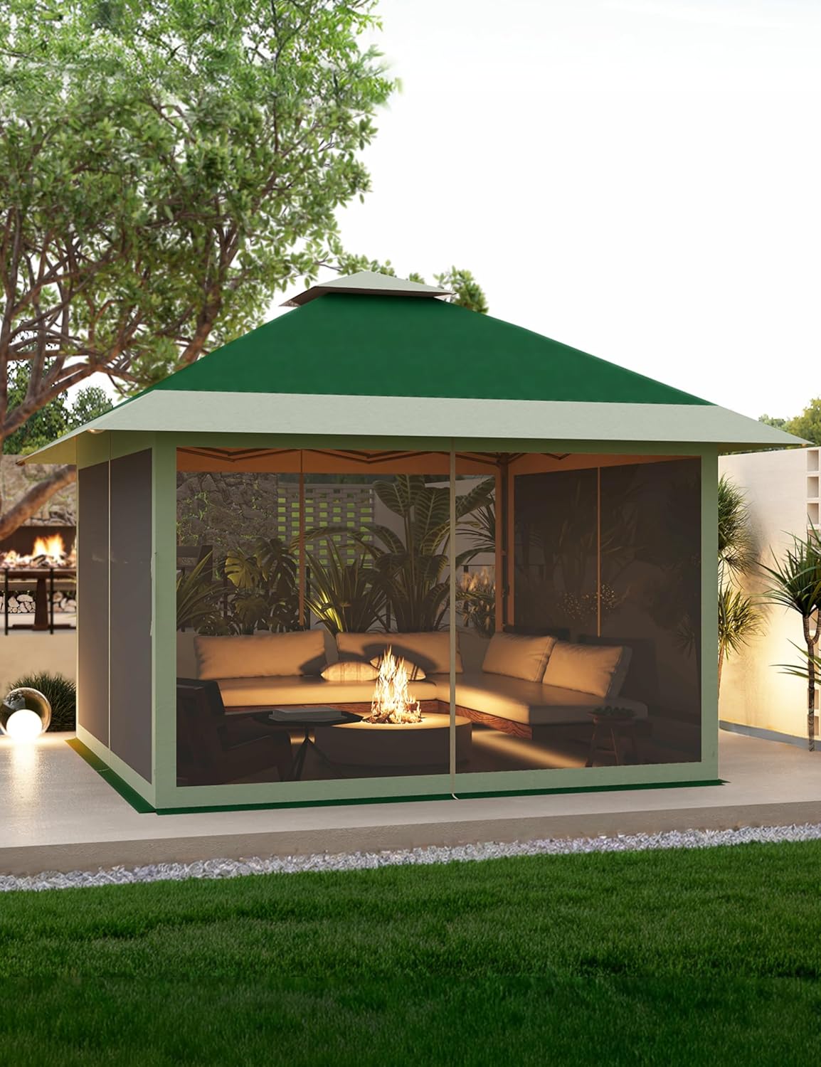 KYBOLT 12x12 Pop Up Gazebo Outdoor Canopy Shelter with Mosquito Netting 4 Stanbags Instant Gazebo Tent for Lawn, Garden, Backyard, Deck (Olive Green + Taupe)