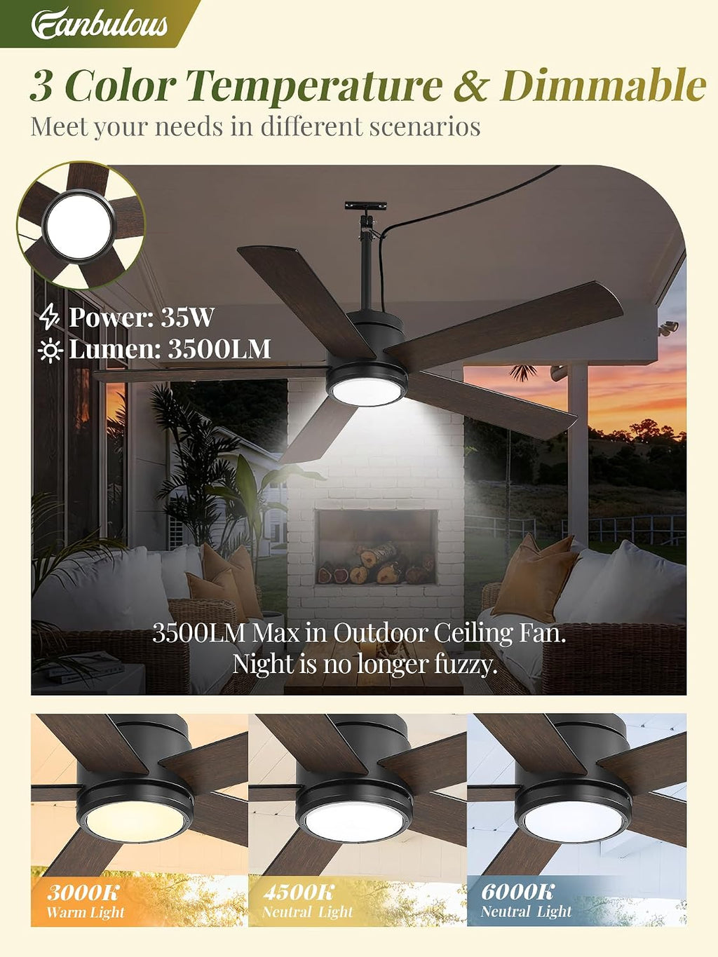 52 In Outdoor Ceiling Fan Hanging Fan Outdoor Ceiling Fans, Waterproof, with Light, Remote, 52 In, Wet Rated, IP65, 6 Speed, 3CCT, Plug in, for Patios, Porch, Gazebo, Black