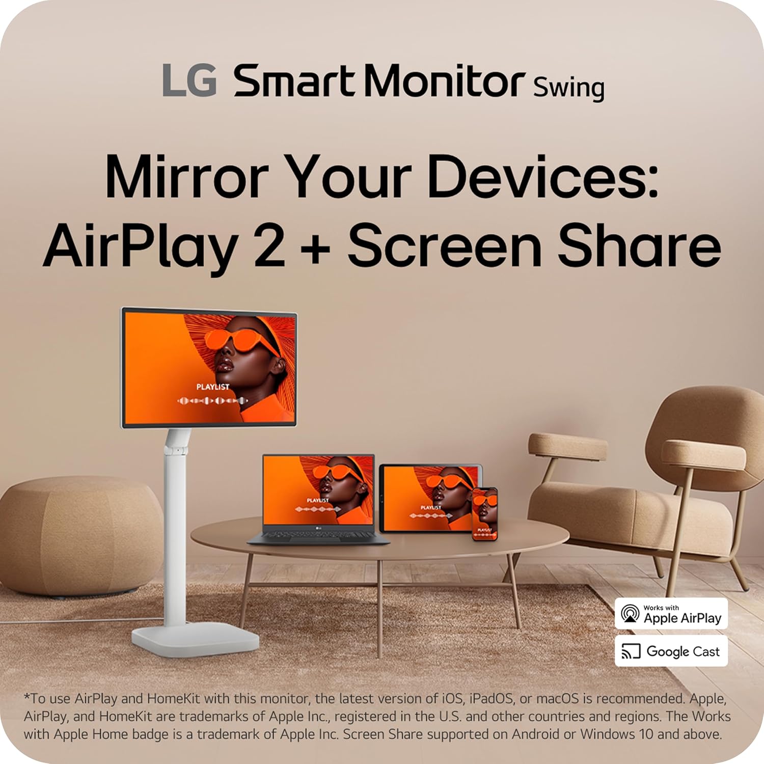 LG Smart Monitor Swing 32U889SA-W 32-Inch 4K UHD (3840x2160) IPS Touchscreen on a Fully Adjustable Wheeled Base HDR10, webOS, Built-in Speaker, HDMI, USB Type-C, Tilt/Height/Swivel/Pivot Stand, White