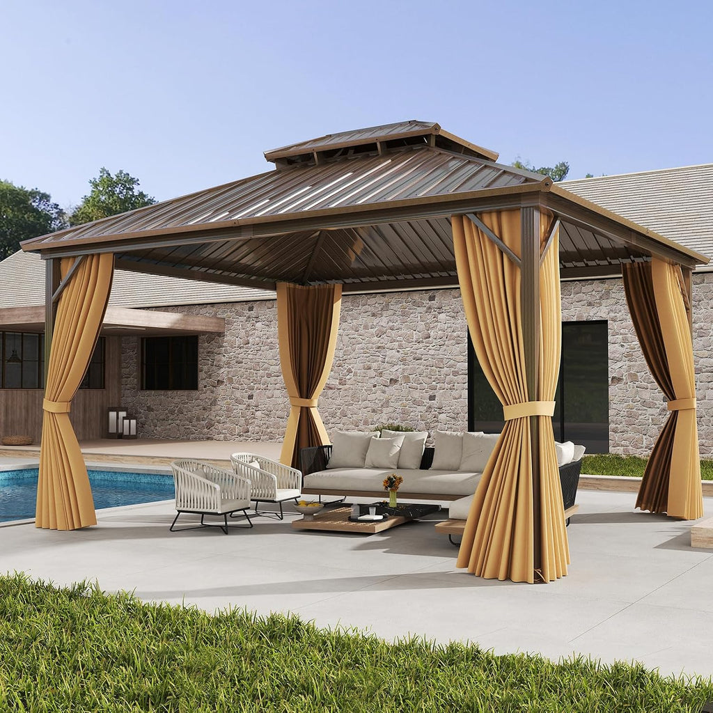 Tangkula 12x14 FT Hardtop Gazebo, Outdoor Permanent Pavilion Shelter with Netting & Curtain, Heavy-Duty Double Galvanized Metal Roof, Aluminum Frame, Outdoor Gazebo for Patio Garden Deck Lawn