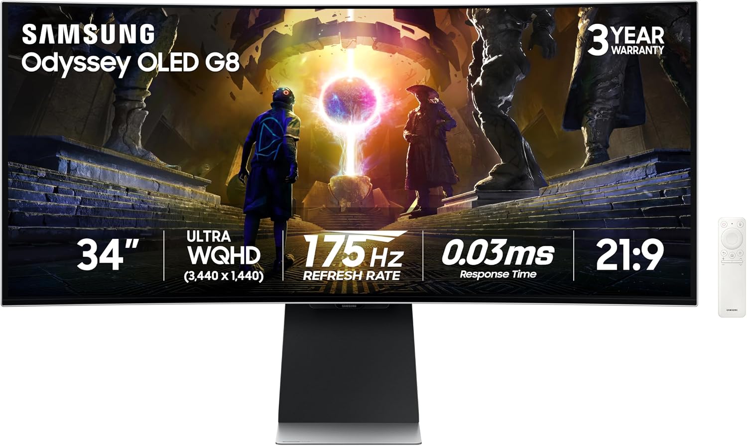 Samsung 34' Odyssey OLED G8 (G85SD) Ultra-QWHD QD-OLED G-Sync Compatible Curved Gaming Monitor, 175Hz, 0.03ms, Glare-Free Display, AMD FreeSync Premium Pro, 3 Yr Warranty,LS34DG856SNXZA,2024