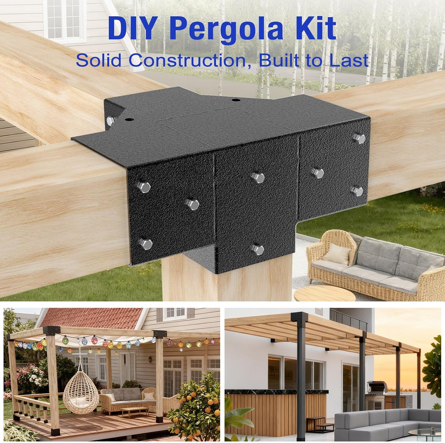 12PCS 3-Way & 4-Way Pergola Brackets, 4'x4' Pergola Kit, Wood Post Base Bracket for Gazebos, Patio Pergolas, Log Cabin, Wooden Beams