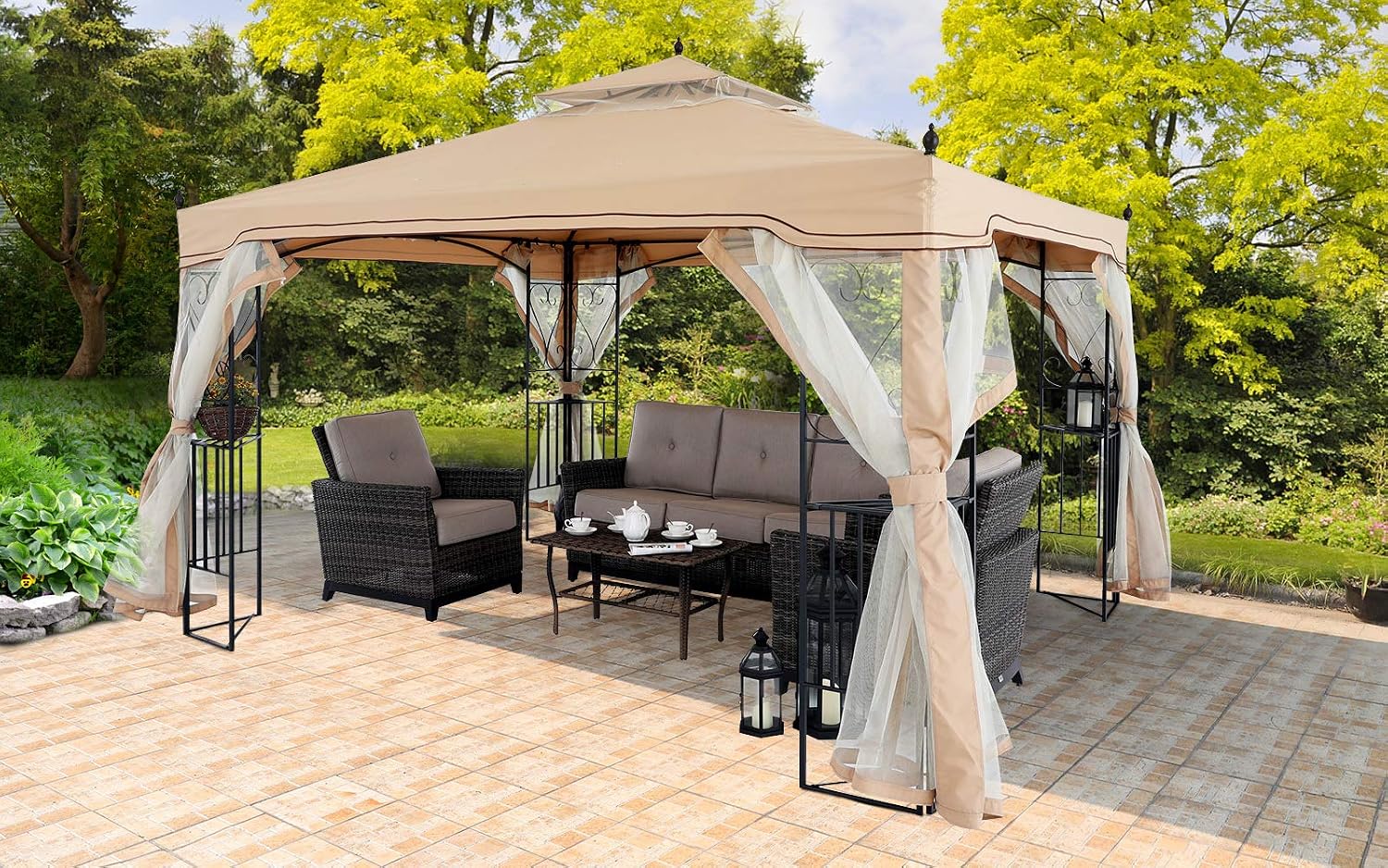 MASTERCANOPY Patio Gazebo with Netting Screen Walls for Lawn, Garden, Backyard and Deck Gray (10x10,Beige)
