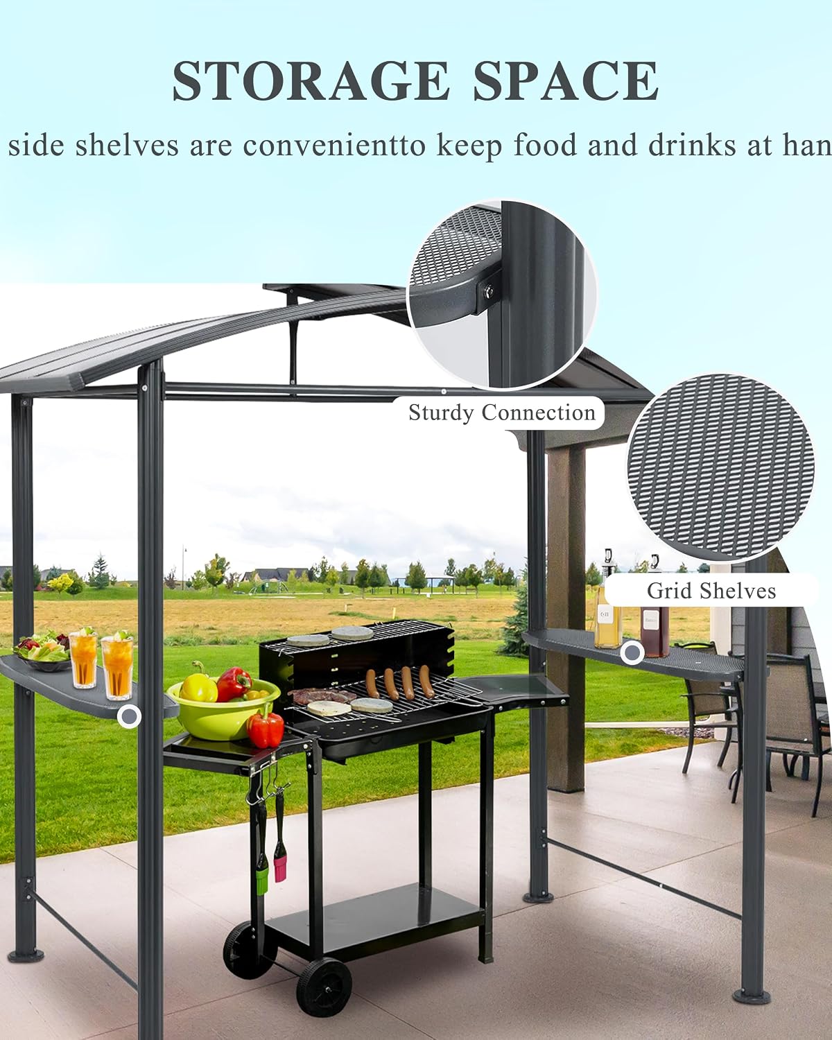 BPS 8x5 FT BBQ Grill Gazebo with Double-Tier Polycarbonate Roof, Steel Frame & Side Shelves, for Outdoor, Patio, Backyard