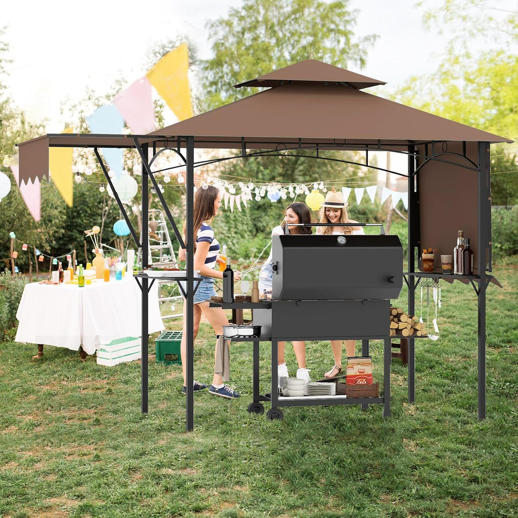 Tangkula 13x5 Ft Grill Gazebo with Dual Side Awnings, 2-Tier Barbecue Gazebo with 2 Shelves, 7 Hooks, Adjustable Shadow, Outdoor Grill Canopy for Backyard Garden Poolside (Coffee)
