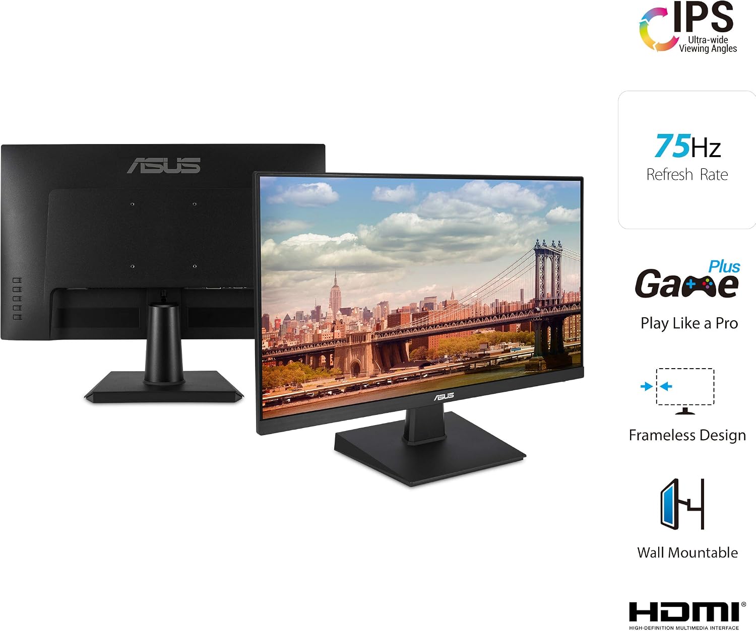 ASUS 24 Inch Desktop Monitor - 75Hz, Full HD (1920x1080), IPS, Frameless, Adaptive-Sync, Eye Care, HDMI, D-Sub DVI-D - VA24EHE