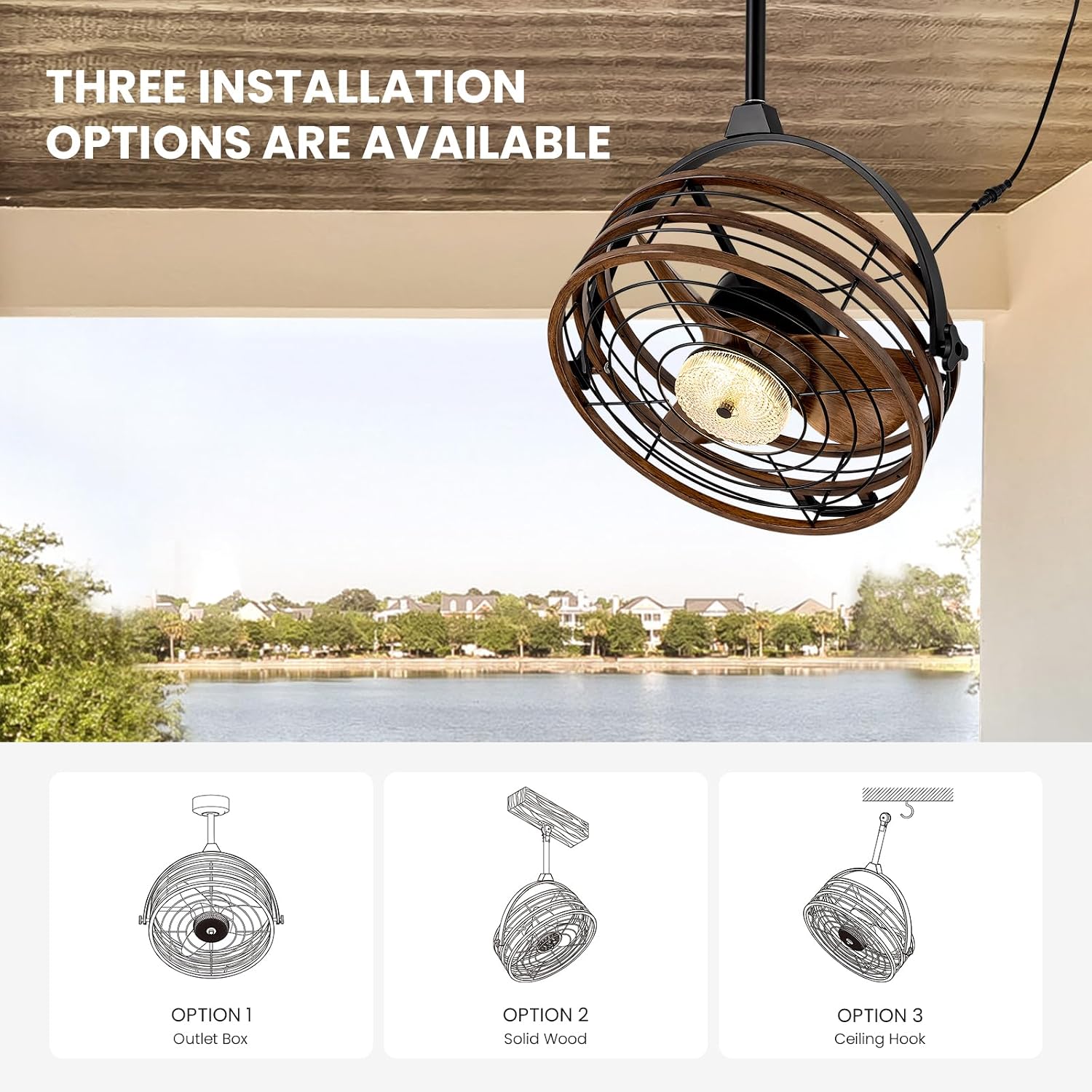 Outdoor Ceiling Fan with Lights, 23'' Waterproof Gazebo Fan with Remote Control Smart App, Plug in Caged Ceiling Fan for Patios, Pergola Porch