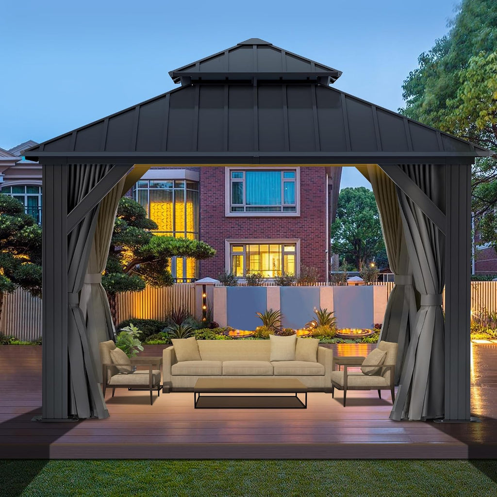 10'x10' Hardtop Gazebo, Outdoor Double Roof Galvanized Steel Gazebos, Aluminum Frame Permanent Pavilion with Curtains & Netting for Backyard, Patio, Deck