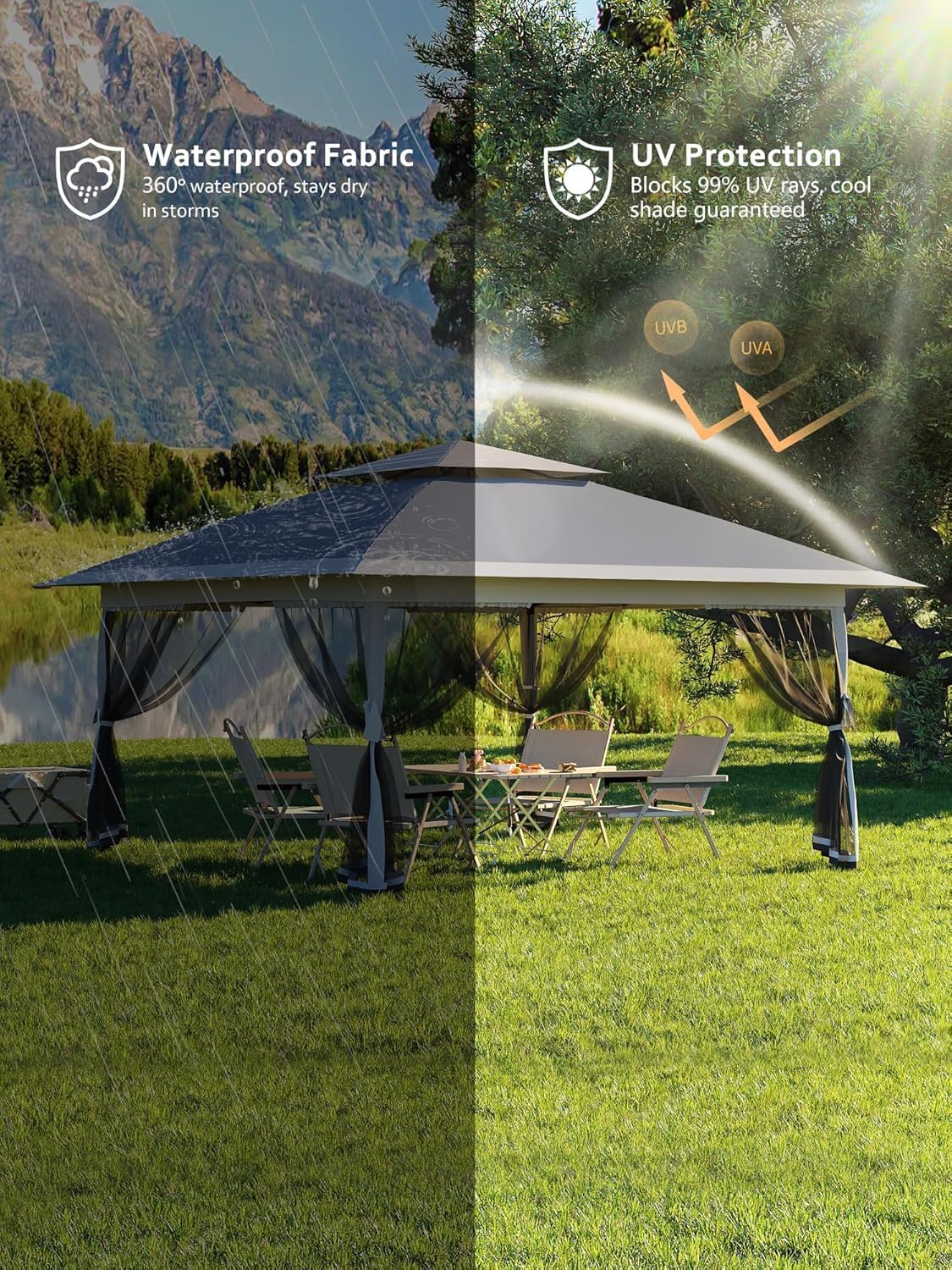 13x13ft Pop Up Gazebo, Outdoor Canopy Tent with Mosquito Netting, Heavy Duty Party Tent Shelter with Waterproof and Ultraviolet Double Roof for Backyard, Garden, Lawn and Deck (Grey)